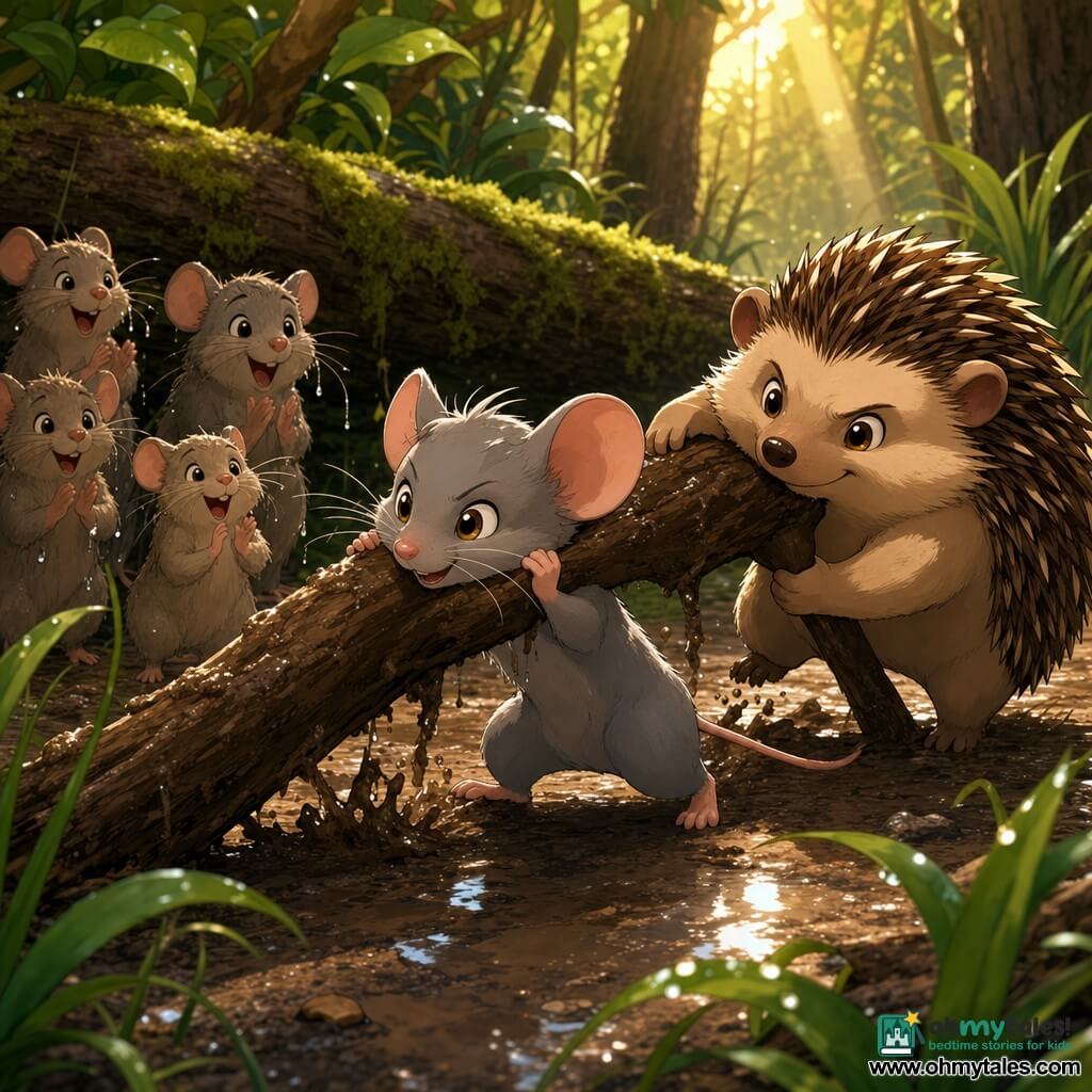 A small mouse named Miro, smiling yet focused, with soft grey fur, translucent pink ears and bright hazel eyes, strains to push a muddy log while Bramble the hedgehog—plump, round, with well-defined brown-and-cream quills—braces under the log on the right; a relieved, soaked family of field mice with ruffled fur and dripping whiskers applauds on the left. Muddy forest trail after a rain, dark wet leaves, reflective puddles, a moss-covered fallen trunk and dewy grasses; warm late-afternoon light with golden rays filtering through trees, strong contrasts and colorful cel-shaded shadows. Low-angle close-up composition, dynamic mud splashes, clear warm expressions of teamwork and courage.