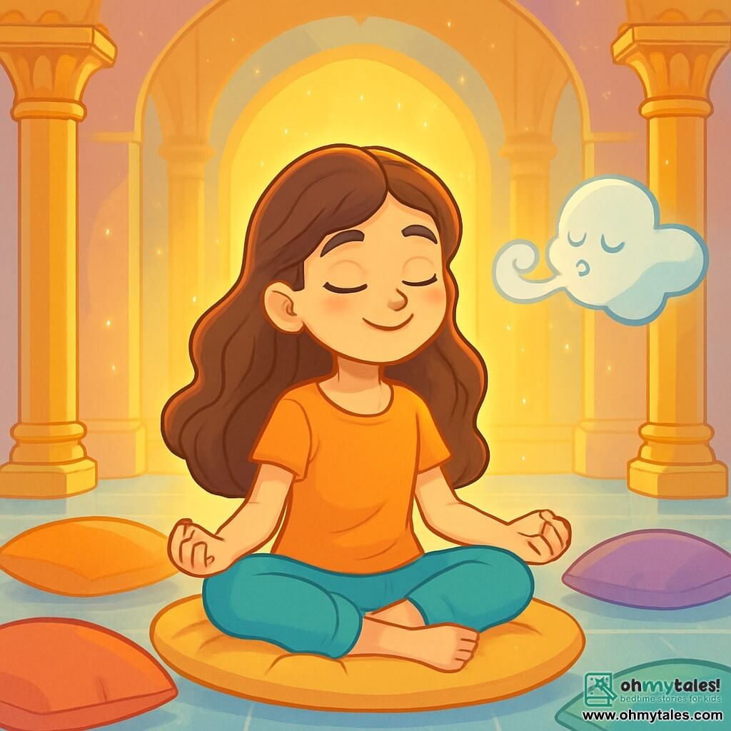 A 12-year-old girl, Mira, with long wavy brown hair, is sitting cross-legged on a plush cushion, her face radiating serenity and curiosity. Her eyes sparkle with wonder as she takes a deep breath, surrounded by a soft golden light. Next to her, a small floating cloud of light representing the wind has a gentle, ethereal shape, encouraging her to relax. The setting is a beautiful hall of light, with shimmering pastel-colored walls, golden pillars, and a smooth glass floor that reflects the light. Colorful cushions are scattered around her, creating a welcoming and peaceful atmosphere. Mira is preparing to enter a state of deep relaxation, ready to let her thoughts drift away like feathers, while a gentle melody of light envelops her, creating a moment of calm and well-being.