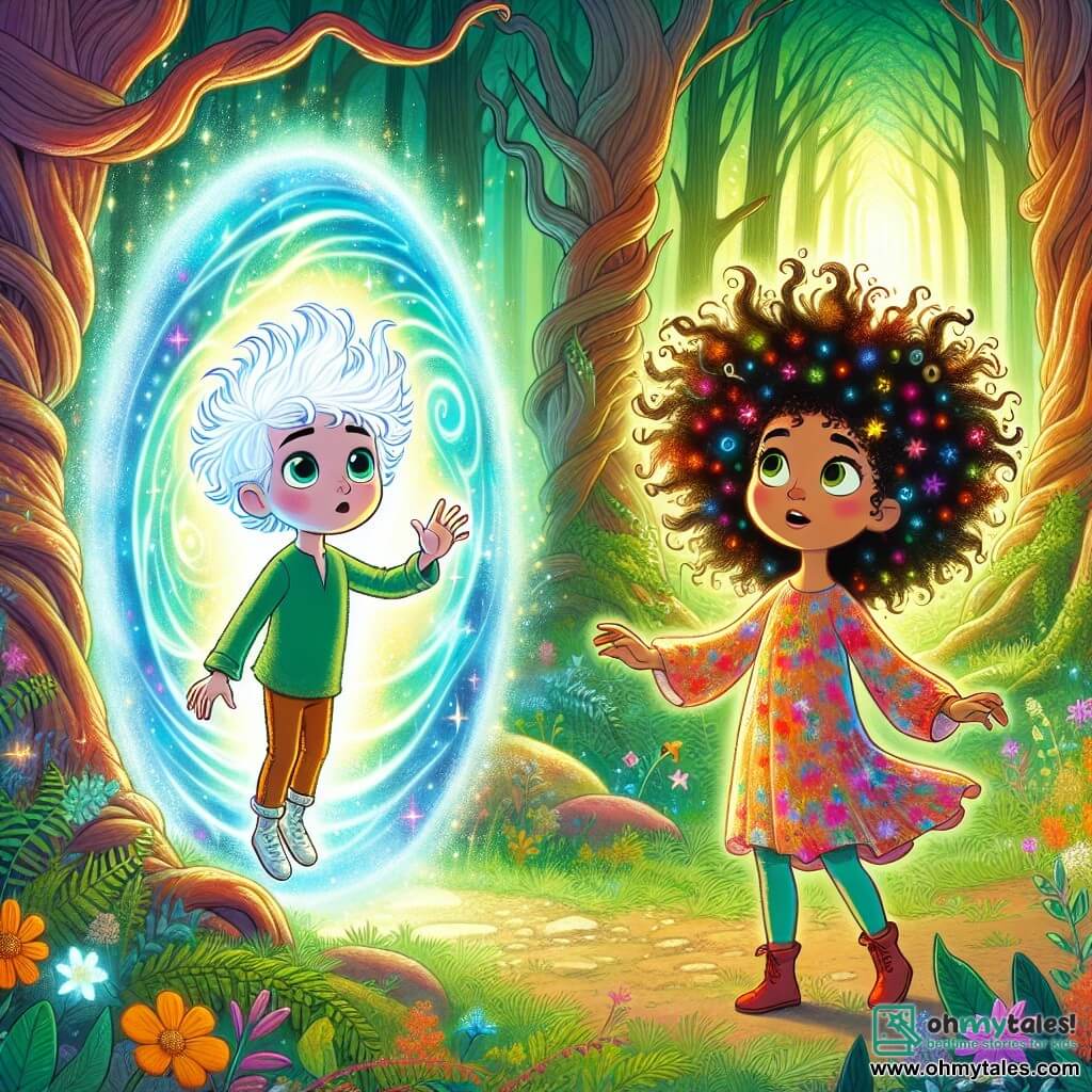 In the center of the image, Oliver, a young Wisp with a translucent, shimmering complexion, stands before a magical portal. His face expresses wonder, and his cloud-like hair changes color to a bright blue. He reaches out towards the portal, fascinated by the swirling colors emanating from it. Next to him, Mia, a lively girl with wild, curly hair, gazes at the portal with sparkling eyes of excitement. She wears a colorful dress, arms raised, ready to leap into adventure. In the background, the Whispering Forest stretches majestically, with gnarled trees and vibrant green leaves. Sun rays pierce through the foliage, illuminating the ground scattered with wildflowers and ferns. The scene captures the pivotal moment as Oliver and Mia prepare to enter the portal, symbolizing the start of their time-traveling journey, surrounded by a magical atmosphere and a palette of bright colors.
