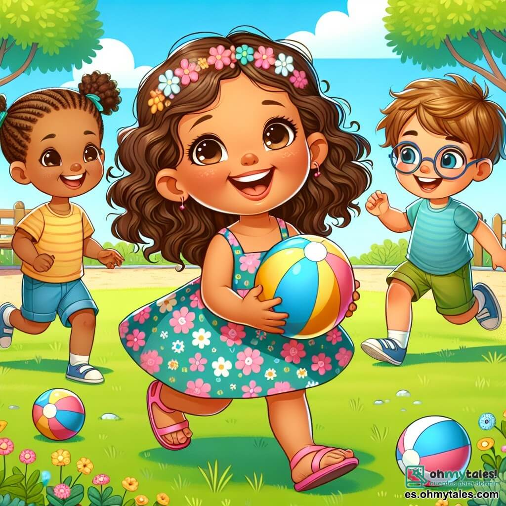 Una niña de 2 años, Lola, con grandes ojos brillantes y cabello rizado, sonríe alegremente sosteniendo una pelota colorida en sus manos. Lleva un vestido de flores y sandalias rosas, y está rodeada de sus amigos. Pepito, un niño de 3 años con cabello castaño desordenado y una camiseta azul, corre hacia Lola con una gran sonrisa, listo para atrapar la pelota. Ana, una niña de 3 años con trenzas y un vestido amarillo, ríe mientras se agacha a recoger otra pelota que ha rodado cerca de un árbol. Juan, un niño de 2 años con gafas y pantalones cortos verdes, se queda un poco atrás, con los brazos levantados, ansioso por jugar. La escena tiene lugar en un parque soleado, lleno de árboles verdes, flores coloridas y un gran cielo azul. Al fondo, se ve un banco de madera y un pequeño camino de grava. Lola y sus amigos están jugando a la pelota, riendo y divirtiéndose juntos, mientras la pelota vuela por el aire, creando un momento de alegría y amistad.
