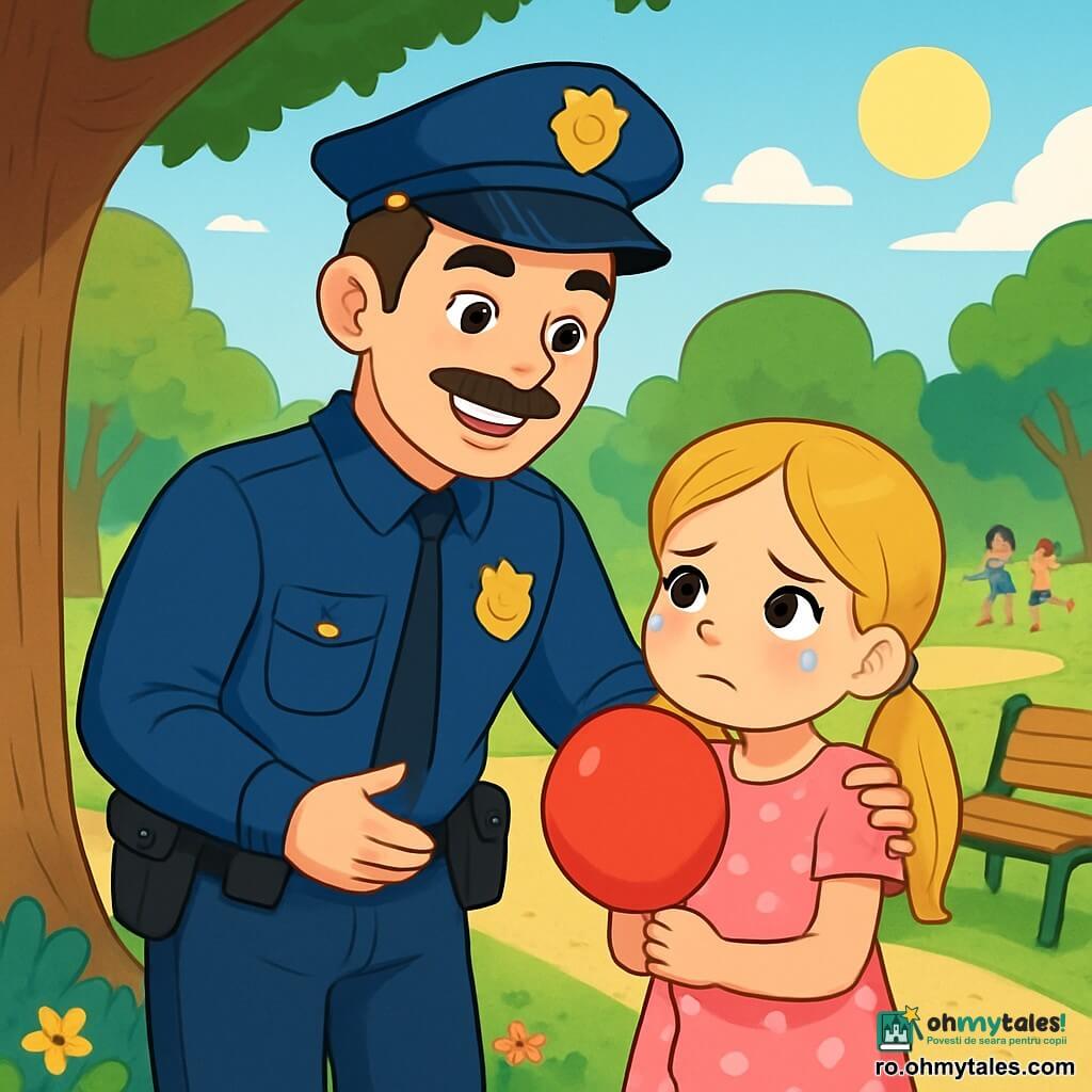 Un polițist zâmbitor, un bărbat de aproximativ treizeci de ani cu părul scurt și o mustață bine întreținută, poartă un uniformă bleu marin cu o centură de echipament. Se află lângă un copac într-un parc, cu fața plină de bunătate și determinare, în timp ce o ajută pe o fetiță. Fetița, Ana, are aproximativ 7 ani, cu părul lung blond în două codițe, poartă o rochie roz cu buline și plânge ușor ținând un balon roșu. Ea se află chiar lângă polițist, cu ochii plini de speranță. Parcul este verde, cu copaci măreți, flori colorate și un drum de pietriș care se împletește printre bănci. Copiii se joacă în depărtare, iar soarele strălucește, creând o atmosferă veselă și primitoare. Situația principală îl arată pe polițist confortând-o pe Ana, explicându-i cum să își recupereze balonul pierdut, oferindu-i în același timp un zâmbet liniștitor.