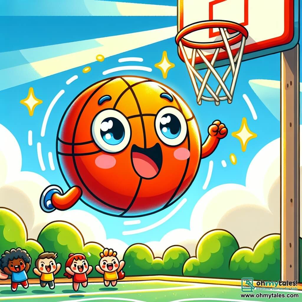 Bouncy Ball, a cheerful and colorful basketball, is bouncing enthusiastically on a sunny basketball court, sporting a big smile and sparkling eyes of determination. Next to him, a small red hoop, friendly and encouraging, is hanging from a post, expressing support and excitement while cheering for Bouncy Ball. The basketball court is surrounded by green trees and a clear blue sky, with sunlight illuminating the scene, creating a joyful and dynamic atmosphere. The main scene shows Bouncy Ball jumping high in the air to score a basket, while a group of children around him applauds and smiles, celebrating his success and team spirit.