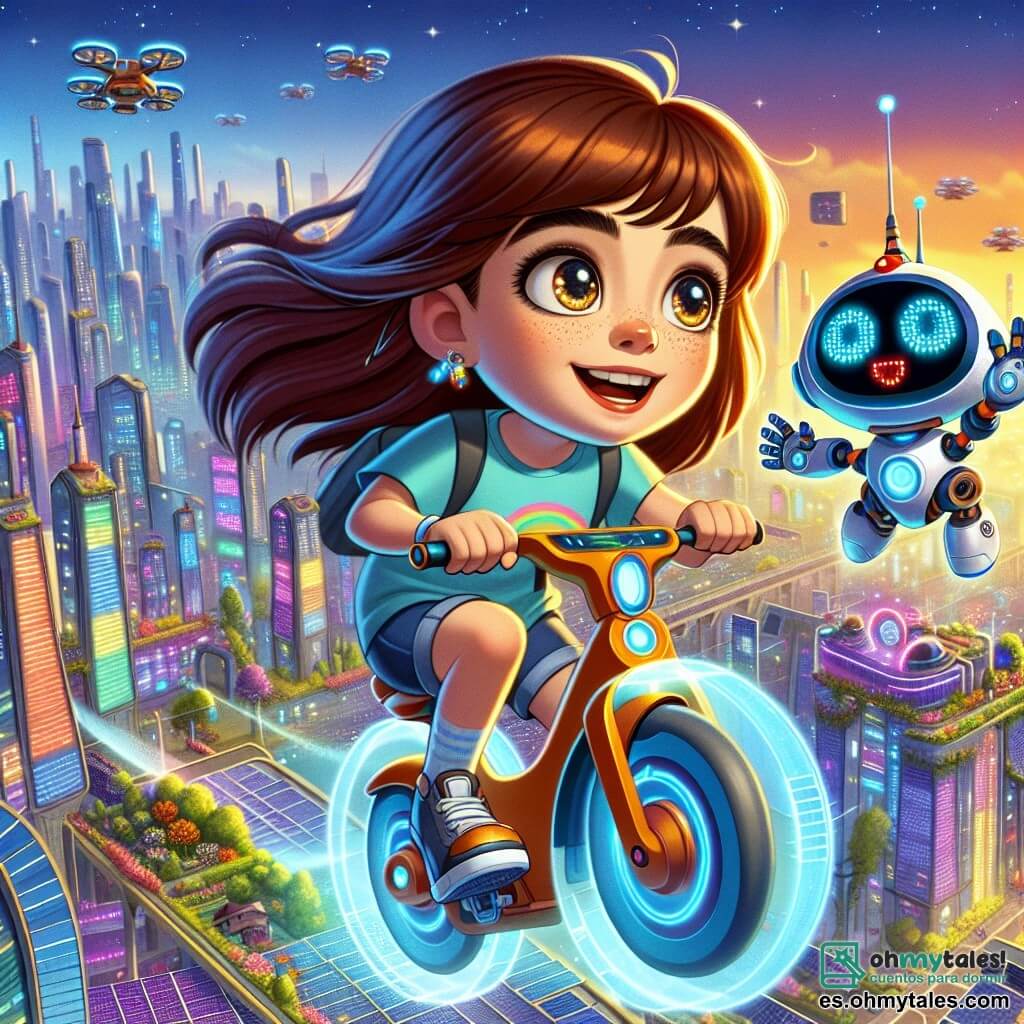 Una niña de 11 años, Clara, con cabello castaño y ojos llenos de curiosidad, está pilotando una hermosa bicicleta flotante. Lleva una camiseta colorida y un short, y su rostro expresa una intensa alegría y un sentido de aventura. A su lado, un pequeño robot llamado Kiro, con una carcasa metálica brillante y ojos luminosos, proyecta un holograma de un plano de la ciudad. Kiro parece entusiasta, moviendo sus brazos articulados para mostrar el camino a seguir. La escena transcurre en la ciudad futurista de Lumina, donde rascacielos brillantes se elevan bajo un cielo azul radiante, y vehículos voladores surcan el aire. Las calles están animadas, con luces de colores que bailan sobre las fachadas de los edificios. Clara y Kiro navegan por un camino aéreo, rodeados de paneles solares y jardines colgantes, explorando su ciudad futurista.