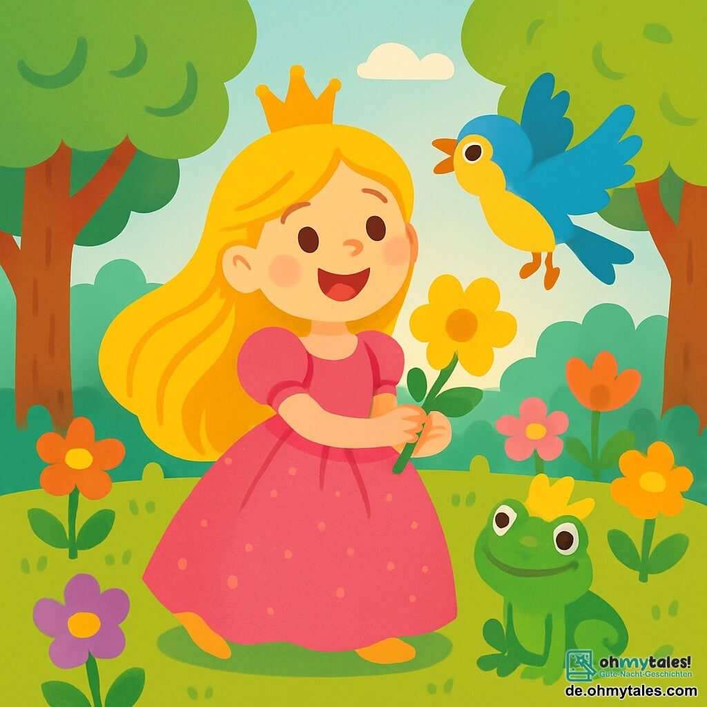 Eine fröhliche Prinzessin mit langen goldenen Haaren und einem glitzernden rosa Kleid steht lächelnd und voller Energie im Mittelpunkt der Szene. Sie hält eine wunderschöne goldene Blume in ihren Händen, ihre Augen strahlen vor Aufregung. Neben ihr fliegt ein kleiner bunter Vogel mit leuchtend blauen und gelben Federn fröhlich um sie herum und singt. Ein kleiner grüner Frosch mit großen runden Augen und einer Blätterkrone steht zu ihren Füßen und schaut die Prinzessin bewundernd an. Die Kulisse ist ein zauberhafter Garten, gefüllt mit bunten Blumen, die im Wind tanzen. Große Bäume mit kräftigen Stämmen und üppigem Laub umgeben den Garten, während ein sanfter Sonnenstrahl durch die Äste bricht und die Szene in goldenes Licht taucht. Die Prinzessin, der Vogel und der Frosch feiern das Ende eines Zaubers mit Lachen und fröhlichen Gesängen, während die Magie des Gartens um sie herum wiedererwacht und die Luft mit Farben und Glück erfüllt.