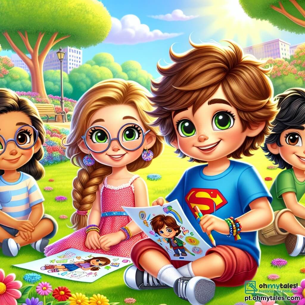 Há quatro personagens principais: 1. **Lucas** (menino, 8 anos): Lucas tem cabelo castanho bagunçado e olhos brilhantes. Ele usa uma camiseta azul com um desenho de super-herói e um short vermelho. Ele está sentado na grama, com um grande sorriso no rosto, segurando um desenho colorido nas mãos. 2. **Sofia** (menina, 8 anos): Sofia tem longos cabelos loiros trançados e óculos redondos. Ela veste um vestido rosa com bolinhas e sandálias. Ela está ao lado de Lucas, admirando seu desenho, com as mãos na cintura. 3. **Miguel** (menino, 8 anos): Miguel tem cabelo preto e olhos castanhos. Ele usa uma camiseta verde e um short bege. Ele está em pé atrás de Lucas, fazendo uma careta engraçada, o que faz todos rirem. 4. **Ana** (menina, 8 anos): Ana tem cabelo castanho cacheado e usa uma blusa amarela com jeans. Ela está sentada em frente a Lucas, desenhando um coração em uma folha, com um olhar concentrado e alegre. O local é um parque ensolarado, cheio de flores coloridas e árvores verdes. Um grande céu azul se estende acima, salpicado de algumas nuvens brancas. Pode-se ver uma área de recreação próxima, com crianças rindo e brincando. A situação principal mostra Lucas e seus amigos criando cartões coloridos para seus pais. Eles riem juntos, compartilhando lápis de cor e canetinhas, enquanto desenhos de corações e sorrisos ganham vida no papel. A atmosfera é alegre e cheia de amizade, ilustrando o apoio que eles se dão.