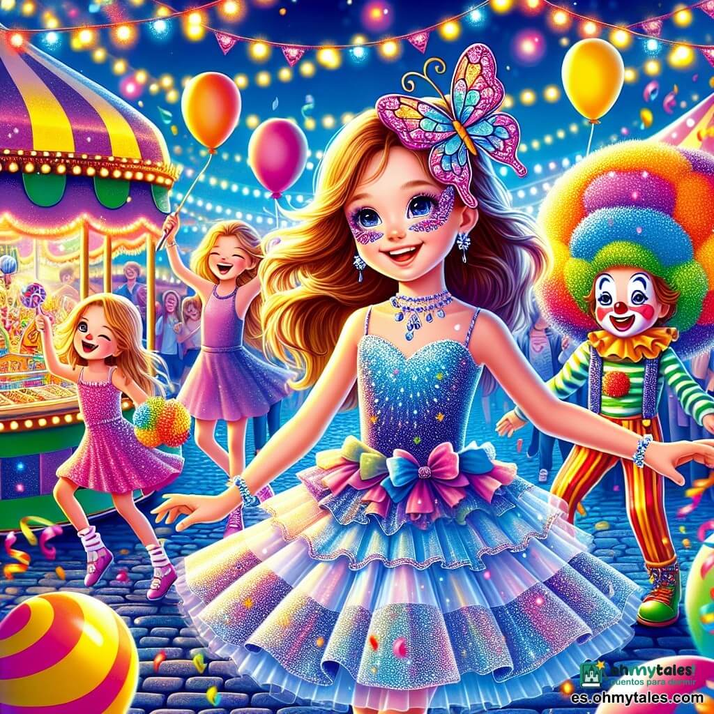 Una niña de 12 años, Mara, con largos cabellos castaños y ojos llenos de curiosidad, lleva una hermosa falda de tul azul brillante y una delicada máscara de mariposa. Está en el centro de la escena, sonriendo con los brazos abiertos, lista para explorar el carnaval. A su derecha, Leo, un niño de 11 años disfrazado de payaso con una nariz roja y una gran peluca colorida, hace malabares con pelotas multicolores, riendo alegremente. A su izquierda, Sofía, una niña de 12 años, lleva un enorme sombrero de flores que desborda colores vivos. Ella baila girando, con sus cabellos rubios flotando a su alrededor. La escena tiene lugar en una plaza animada, adornada con guirnaldas de luces brillantes y puestos de dulces coloridos. Globos flotan en el aire y grupos de personas ríen y bailan alrededor, creando una atmósfera festiva y alegre. Mara, atraída por una melodía misteriosa que proviene de un callejón oscuro, observa con asombro, su corazón latiendo de emoción por descubrir lo que le espera.