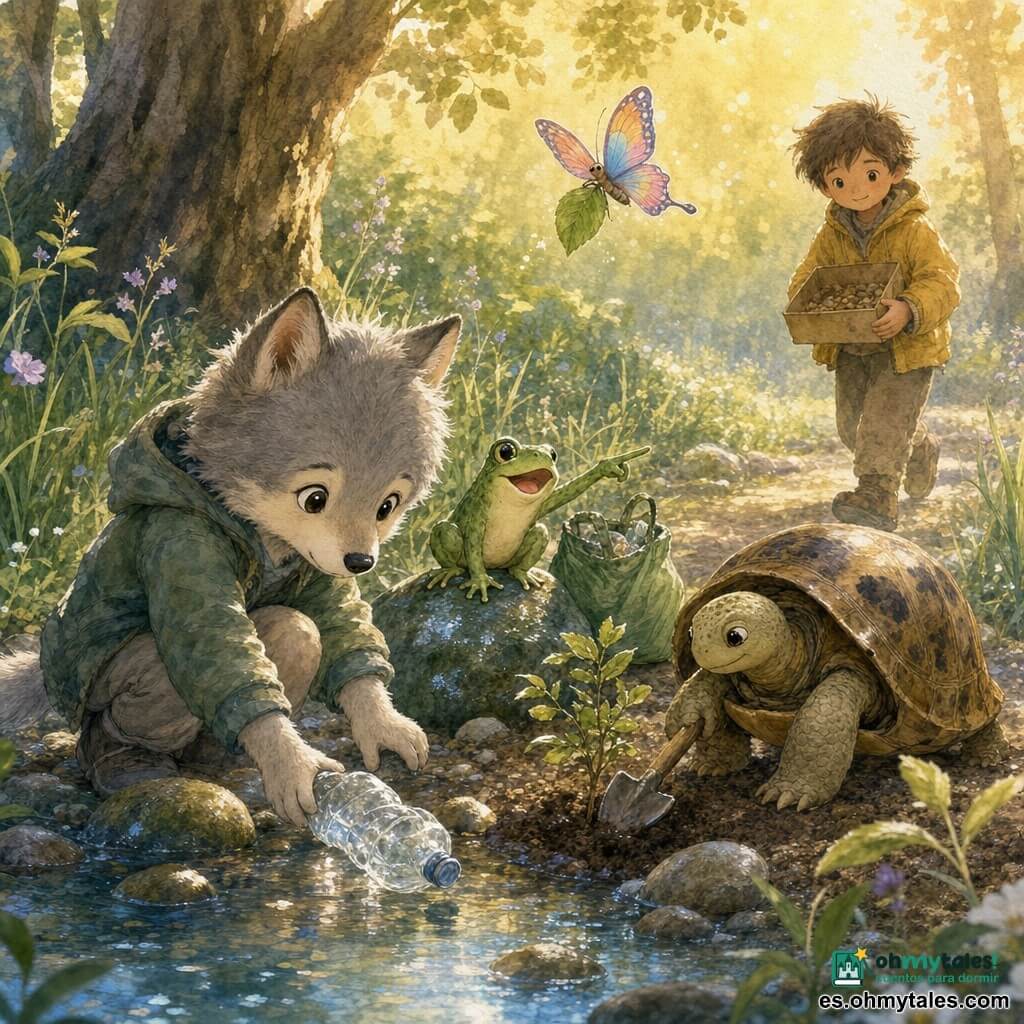 El personaje principal es un pequeño lobo infantil (pelaje gris perla, ojos redondos y suaves), expresión tierna y decidida, agachado junto al arroyo recogiendo una botella de plástico con manos delicadas; Rita la rana, verde esmeralda y sonriente, desde una piedra anima y señala una bolsa de residuos; Tuga la tortuga, medio fuera de su caparazón pardo moteado, calmada y concentrada, sostiene una pequeña pala para ayudar a plantar un arbusto en la orilla; Mira la mariposa, de alas multicolores, vuela ligera sobre el grupo sosteniendo una hoja para indicar dónde plantar; Nico, un niño tímido pero sonriente con chaqueta amarilla, se acerca con una caja abierta de semillas; escena en la orilla de un arroyo en un claro boscoso (agua clara, cantos pulidos, juncos, flores silvestres, un gran árbol que filtra luz dorada) donde los amigos limpian la ribera y plantan arbustos con bolsas reutilizables, palas pequeñas y semillas; ambiente colaborativo, optimista y sereno.