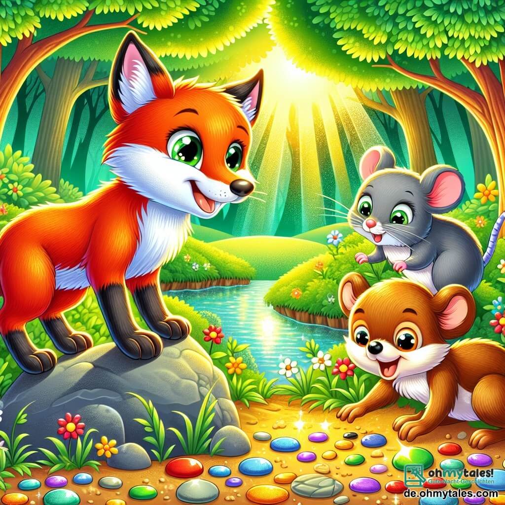 Im Herzen eines üppigen Waldes steht ein junger, leuchtend roter Fuchs mit neugierigen Augen auf einem Felsen und lächelt begeistert. Neben ihm schaut eine kleine graue Maus mit glänzenden Augen, voller Energie, bewundernd zu ihm auf, während ein brauner Dachs mit robusten Beinen und fröhlichem Ausdruck bereit ist, vor Freude zu springen. Die Szenerie ist eine lichtdurchflutete Lichtung, umgeben von majestätischen Bäumen mit leuchtend grünen Blättern, und der Boden ist mit bunten Blumen und kleinen, glänzenden Steinen übersät. Im Hintergrund funkelt ein Bächlein unter der Sonne und verleiht der Szene einen Hauch von Magie. Die drei Freunde bauen ein großes Bild mit natürlichen Elementen wie bunten Steinen und Blättern, um einen fröhlich laufenden Fuchs im Wald darzustellen, der den Geist des Sommers und des Abenteuers einfängt.