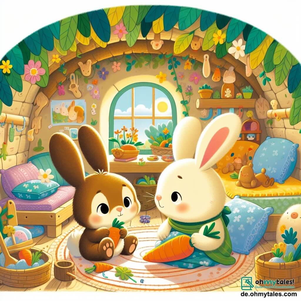 Hopsi, ein kleiner Hase mit großen Ohren und weichem, braunem Fell, sitzt in seinem gemütlichen Bett mit einem melancholischen Ausdruck im Gesicht und hält ein kleines Spielzeug in Form einer Karotte. Neben ihm schaut seine Mama, eine sanfte Häsin mit liebevollen Augen und cremefarbenem Fell, ihn mit einem tröstlichen Lächeln an und legt eine Hand auf seine Schulter, um ihm Unterstützung zu zeigen. Die Szene spielt in einem charmanten Bau mit Wänden, die mit grünen Blättern tapeziert sind, und bunten Blumen, die am Eingang blühen und das Sonnenlicht hineinlassen. Holzspielzeug und weiche Kissen sind im Raum verstreut und schaffen eine warme, einladende Atmosphäre. In dieser Hauptsituation fühlt sich Hopsi ein wenig krank und träumt davon, ein mutiger Ritter zu werden, während seine Mama ihn ermutigt, sich auszuruhen und wieder gesund zu werden, und ihm verspricht, dass morgen ein besserer Tag sein wird.