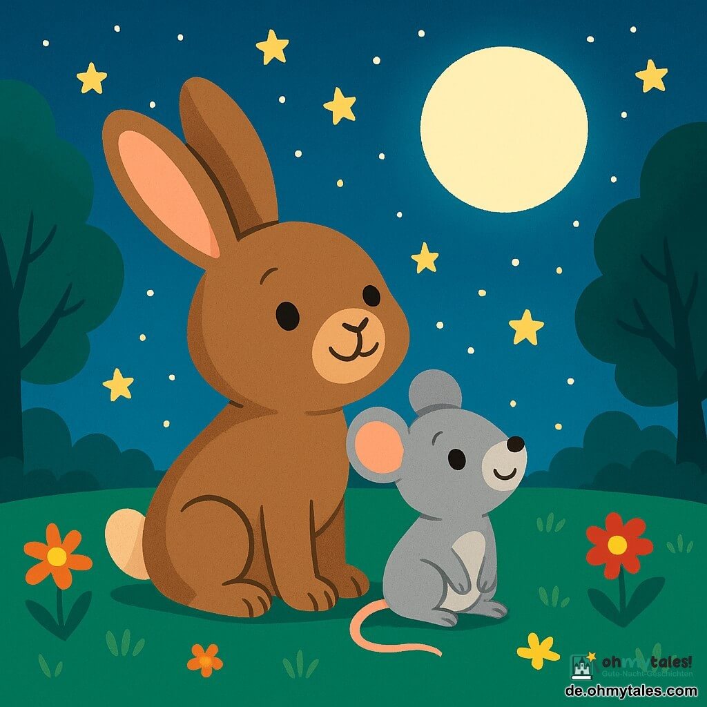 Ein kleiner Hase mit großen Ohren, namens Hopsi, mit weichem braunem Fell und neugierigen Augen, sitzt auf grünem Gras und zeigt einen ruhigen und fröhlichen Ausdruck. Er schaut zum Sternenhimmel, begeistert von der Schönheit der Nacht. Neben ihm sitzt eine kleine Maus namens Mimmi, mit grauem Fell und funkelnden Augen, die lächelt und die Sterne bewundert, sich an Hopsi kuschelnd. Der Ort ist eine weite Wiese, beleuchtet vom silbernen Licht des Mondes, umgeben von großen Bäumen mit schimmernden Blättern, während bunte Blumen sanft im nächtlichen Wind tanzen. Hopsi und Mimmi genießen die Ruhe der Nacht, umhüllt von einer friedlichen und magischen Atmosphäre, bereit, unter dem Sternenhimmel einzuschlafen.