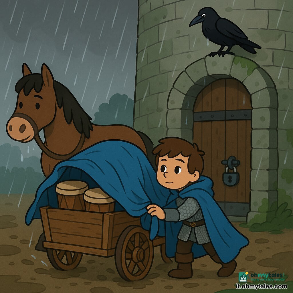 Il giovane cavaliere Sir Lino, ragazzo dal viso rotondo e capelli castani, spinge delicatamente un piccolo carro di legno pieno di tamburi coprendoli col suo grande mantello azzurro fradicio; un cavallo bruno robusto, con i fianchi bagnati, tira il carro e sta davanti a lui col muso basso, mentre un corvo nero è posato sull'alto della porta della torre di Pietracalma, una massiccia costruzione rotonda di pietra grigia con una pesante porta di quercia chiusa da un piccolo lucchetto, le pietre ricoperte di muschio e gocce d'acqua che scorrono: Sir Lino arriva sotto una pioggerellina al varco della torre, il terreno fangoso schizzato, luce grigia di tempesta e atmosfera umida ma rassicurante.