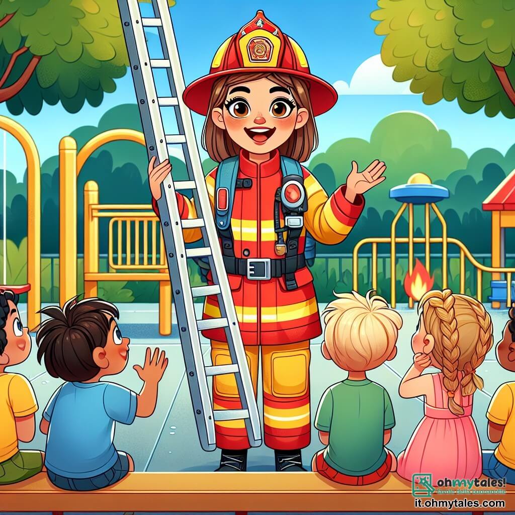Una pompiera sorridente, Laura, è al centro dell'immagine. Indossa un casco rosso brillante e una giacca gialla, con gli occhi scintillanti di gioia. Sta mostrando una scala alta ai bambini, gesticolando con entusiasmo. Alla sua destra, un ragazzo di nome Tommaso, di circa 8 anni, la guarda con occhi spalancati, i capelli castani in disordine e una maglietta blu. È affascinato dalla scala e sembra pronto a fare domande. A sinistra, Sara, una bambina di 7 anni con due trecce e un vestito rosa, salta di gioia con le braccia alzate, esprimendo il desiderio di diventare pompiera. Lo sfondo è un cortile scolastico soleggiato, circondato da alberi verdi e giochi colorati. I bambini sono seduti su panchine di legno, ascoltando attentamente Laura, che sorride. La situazione principale mostra Laura che spiega ai bambini l'importanza del lavoro di squadra e come i pompieri aiutano le persone, ispirandoli ad essere coraggiosi e solidali.