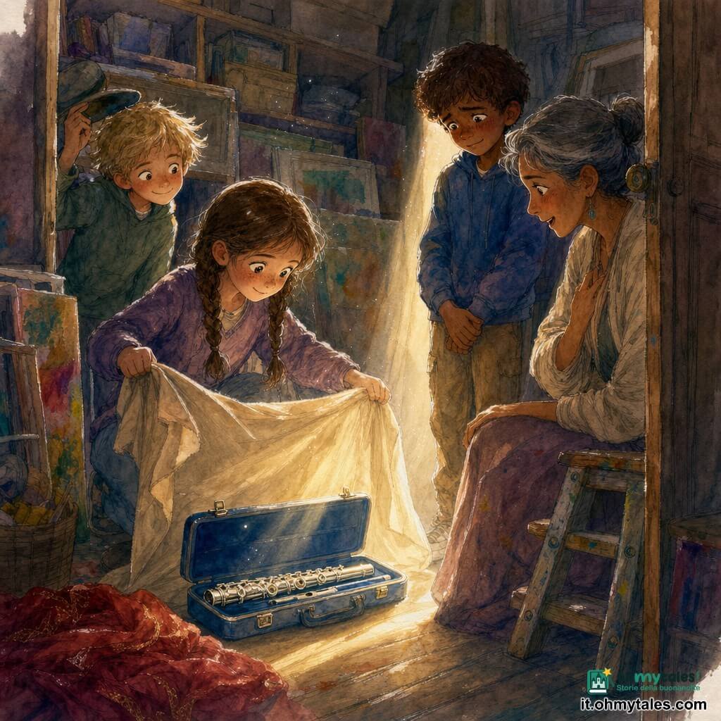 Bambina di 10 anni: Marta, volto rotondo con lentiggini, capelli castani in due trecce, sguardo dolce e concentrato, occhi curiosi; solleva delicatamente un grande drappo per rivelare una custodia per flauto blu. Ragazzo ~9 anni: Nico, capelli biondi spettinati, sorriso malizioso, postura entusiasta, tiene un cappellino immaginario, leggermente dietro a sinistra, guarda il flauto. Ragazzo ~10 anni: Tommi, capelli castano chiaro, viso arrossato ma sollevato, mani giunte, un po' in disparte a destra vicino alla porta del ripostiglio. Adulta (insegnante): la maestra Riva, 35–45 anni, capelli grigi raccolti, sguardo caldo e sorpreso, in ginocchio vicino a uno sgabello. Luogo: piccolo ripostiglio di scuola con luci soffuse, tele dipinte ammassate, polvere visibile, pavimento in legno consumato, scatole etichettate e un grande drappo rosso piegato. Situazione: scoperta rassicurante — la custodia blu emerge sotto il drappo con un raggio di luce che la illumina, tensione trasformata in sollievo e compassione. Stile: acquerelli pastello, texture carta visibile, riflessi a gel bianco sulla flauto e sugli sguardi, composizione centrata con i bambini a formare un piccolo triangolo di attenzione.