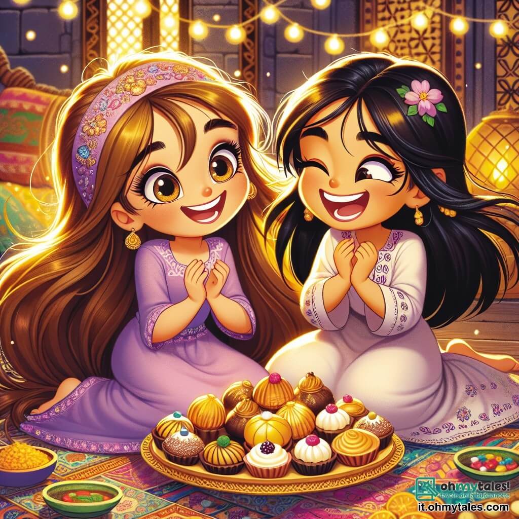 Una ragazza di 8 anni, Sofia, con lunghi capelli castani e occhi pieni di curiosità, sorride meravigliata mentre tiene un piatto di deliziosi dolci dorati. Indossa un vestito colorato di lavanda decorato con piccoli fiori, e il suo viso irradia gioia ed eccitazione. Accanto a lei, Layla, una ragazza di 8 anni con capelli neri e occhi brillanti, ride felicemente mostrando un grande piatto di cibo tradizionale. Si trovano in una casa accogliente, decorata con luci scintillanti e tappeti colorati, dove l'aria è pervasa dall'odore delle spezie e delle dolcezze. La scena principale mostra le due amiche che condividono un momento di felicità, circondate dalla loro famiglia, pronte a rompere il digiuno del Ramadan insieme, con sorrisi luminosi e un'atmosfera festosa.