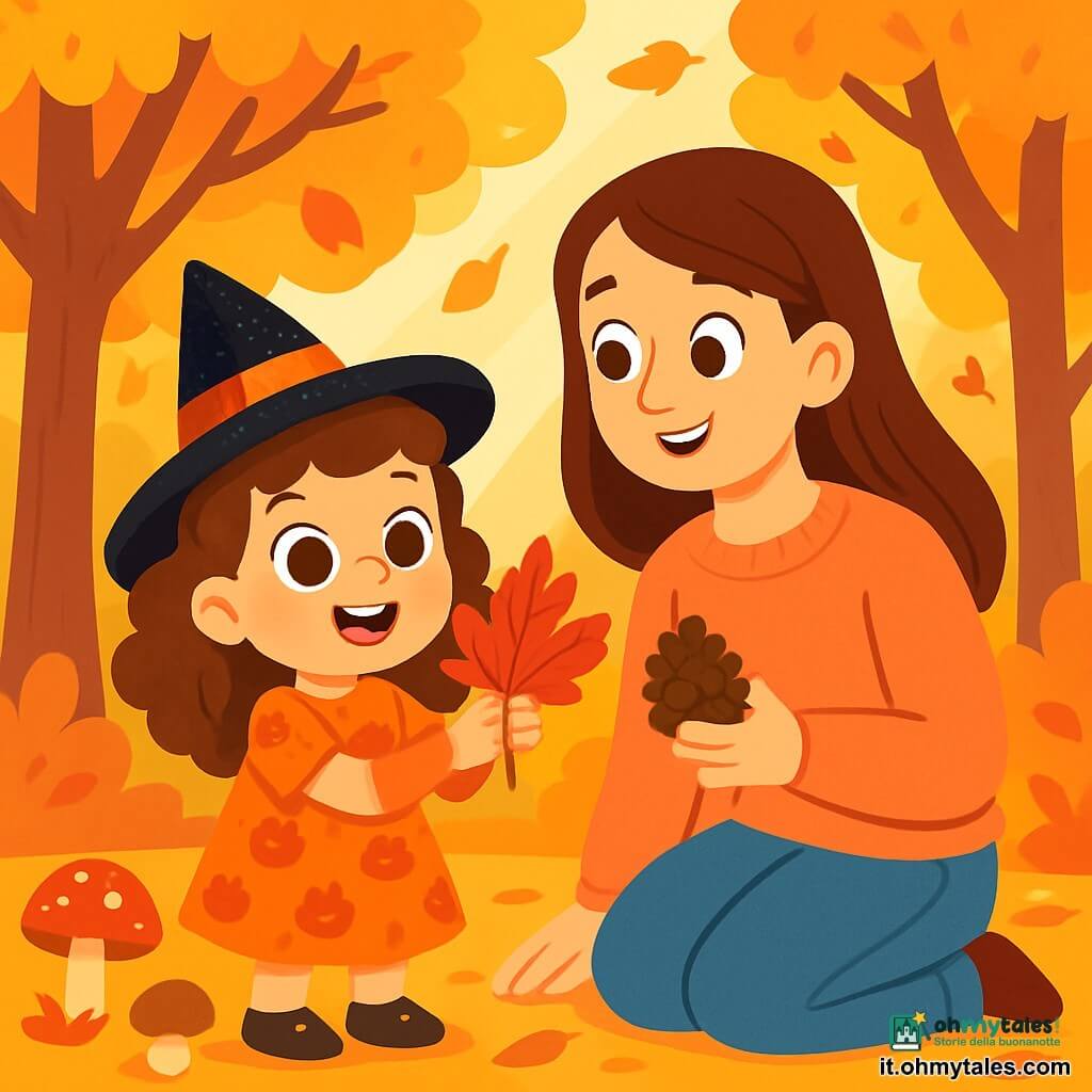 Una bambina di 4 anni, Sofia, con grandi occhi brillanti e capelli castani ricci, sorride gioiosamente tenendo una foglia rossa brillante tra le mani. Indossa un vestito arancione con motivi di zucche e un cappello da strega nero con paillettes, che accentua il suo aspetto birichino. Accanto a lei, sua madre, una donna di circa trent'anni con capelli lunghi e lisci, indossa un maglione morbido e jeans. Sorride teneramente a Sofia, mentre tiene in mano una pigna profumata. Si trovano in un boschetto di alberi con foglie dorate e rosse, dove il sole filtra tra i rami, creando ombre danzanti sul terreno. Il luogo è un magnifico bosco autunnale, con foglie colorate che cadono dolcemente, funghi di forme varie e raggi di sole che illuminano il sentiero. La scena principale mostra Sofia e sua madre che raccolgono tesori d'autunno, con un'atmosfera gioiosa e magica mentre scoprono insieme la bellezza del mondo che le circonda.