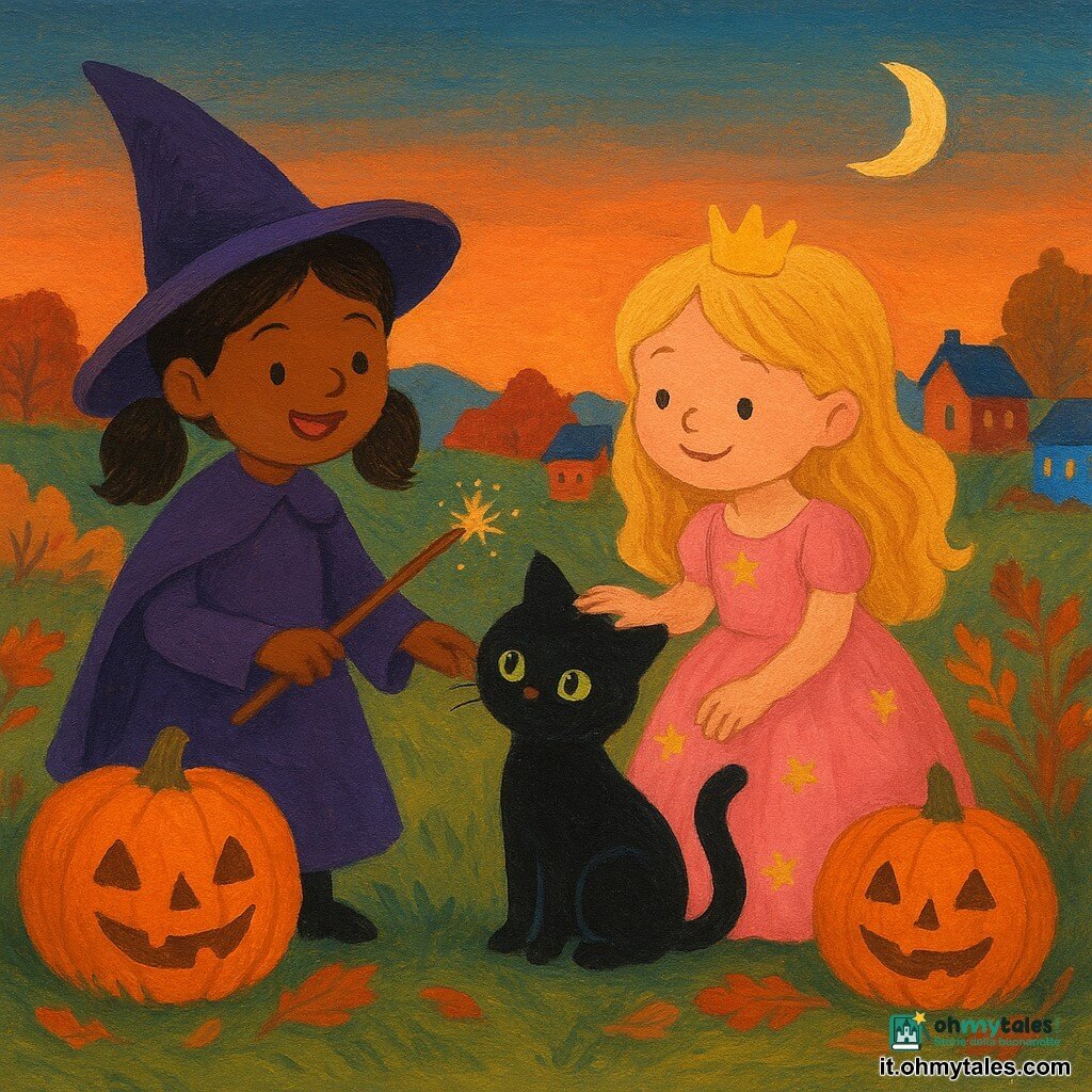 Ci sono 3 personaggi: Nina, bambina di 7 anni, capelli castani in due codini, costume da strega viola con grande cappello a punta, tiene una bacchetta scintillante e sta a sinistra del gruppo, sguardo gioioso verso il gatto; Chiara, bambina di 7 anni, capelli biondi sciolti, vestito da principessa rosa con stelle dorate, al centro, sorride e accarezza dolcemente il gatto nero; un gatto nero piccolo con occhi verdi luminosi, pelo lucido e coda alta, seduto a destra tra le due bambine che si strofinano alle loro gambe. Luogo: una piccola collina erbosa al crepuscolo, cielo sfumato arancio-blu, alcune zucche intagliate intorno, case colorate in lontananza, rovi e foglie autunnali in primo piano. Situazione: due amiche in costume incontrano un gatto magico su una collina di Halloween al crepuscolo; atmosfera dolce e calda, colori caldi, forme semplici e rotonde, texture a gouache visibili, illuminazione soffusa da lanterne e luna nascente.