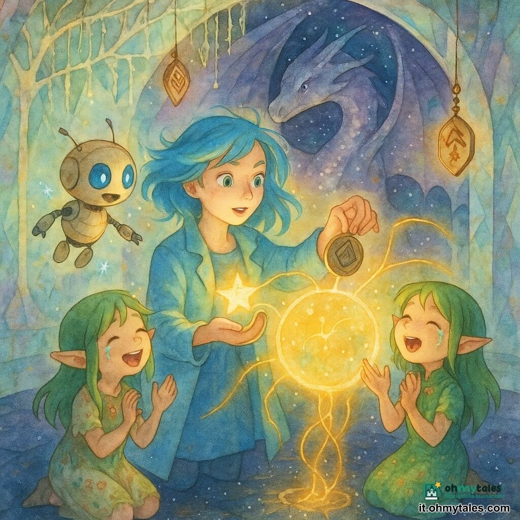 Lira, donna dallo sguardo meravigliato e determinato col viso illuminato da un bagliore dorato e capelli azzurri, veste un leggero mantello blu e tiene tra le mani una piccola stella mentre posa un talismano di metallo lucido su una grande sfera d'energia flottante che pulsa; Piko, un robot aiutante piccolo e rotondo color crema con occhi LED blu, ronza gioiosamente alla sua spalla sinistra sprigionando scintille magnetiche; un'elfa giovane dall'aspetto adolescente umano con capelli verdi e tenue veste a motivi floreali è inginocchiata a destra in lacrime di gioia con le mani alzate verso la sfera; un grande drago cosmico dalle scaglie argentate con riflessi violacei osserva dolcemente sullo sfondo a mezzaluna, cielo stellato visibile tra le ali; la scena si svolge in un santuario circolare di cristallo con radici di cristallo pendenti dal soffitto, talismani antichi sospesi come lanterne e pavimento a lastre scure cosparso di polvere di stelle, mentre fili d'energia dorata si estendono dalla sfera verso i talismani creando schizzi luminosi e un'atmosfera che mescola magia e tecnologia.