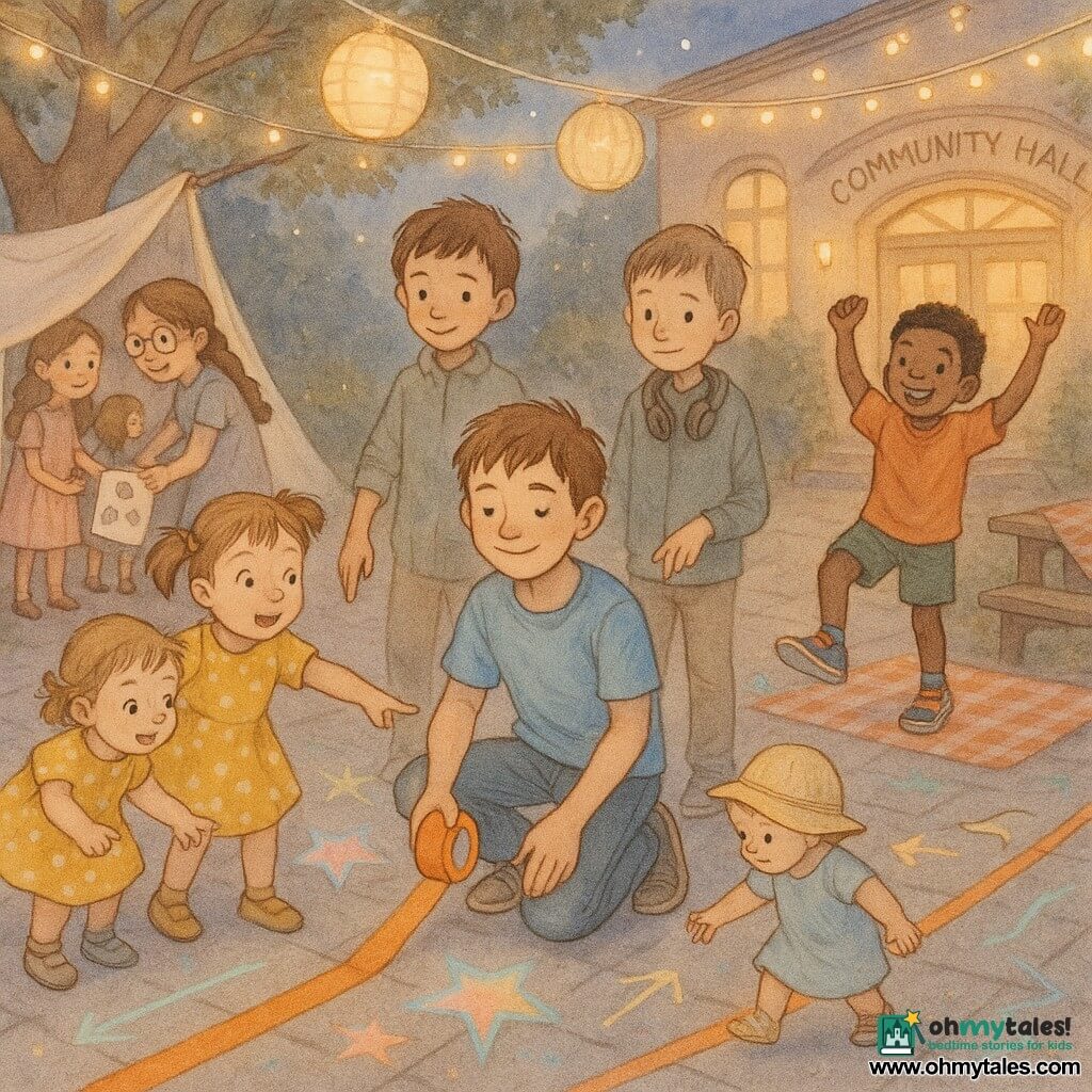 A 12-year-old boy, Leo, round-faced with freckles and messy brown hair, calm proud smile, wearing a sky-blue T‑shirt and worn jeans, kneels to lay a bright orange tape on the paved courtyard holding a shiny roll; a 7-year-old girl, Nina, light brown hair in pigtails and a yellow polka-dot dress, exuberant, points at a chalk star beside the tape; an 11-year-old reserved boy, Eli, short hair and headphones around his neck, stands behind Leo pointing at a chalk arrow; a 9-year-old boy, Jamal, grinning in colorful sneakers, does a small victory dance beside a picnic cloth on a bench; an 8-year-old girl, Zoé, round glasses and a braid, holds stencils and shows where to place a star to twin 7-year-olds Mia (curious) and Maya (cautious) who hold hands entering a sheet fort under a tree; a 2-year-old in a sun hat follows the tape cautiously near Nina. The setting is a small paved courtyard outside a community hall at dusk with paper lanterns, string lights, wooden benches, a makeshift sheet fort, chalk arrows and stars, and a wide orange tape; the scene shows children finishing a birthday party as they set up and test a warm, inclusive illuminated "path," sharing helpful gestures and happy faces.