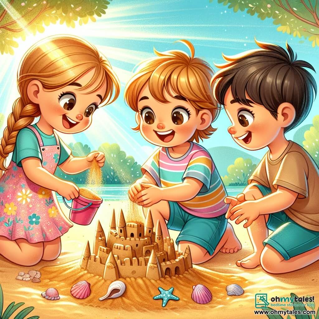 A 3-year-old boy named Leo, with brown hair and sparkling eyes, joyfully smiles while playing in the sand. He wears a colorful t-shirt and blue shorts, building a sandcastle with his hands covered in golden grains. Next to him, a 3-year-old girl named Mia, with blonde hair in braids, laughs as she adds seashells to the construction. She wears a pink floral dress and sits cross-legged on the sand. Another 3-year-old boy, Sam, with black hair and slightly tanned skin, timidly joins them. He wears a worn t-shirt and beige shorts, smiling shyly while holding a bucket of sand, ready to join the fun. The scene takes place in a sunny park with lush green trees and a clear blue sky. The golden sand shines under the sun, and colorful toys are scattered around them. The main situation shows Leo, Mia, and Sam united in their play, building a beautiful sandcastle together, illustrating friendship and tolerance among children, regardless of their differences.