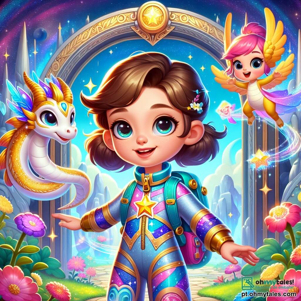 No centro da imagem, Lila, uma jovem com cabelos brilhantes como a lua e olhos cheios de curiosidade, está diante de um grande portal mágico. Ela usa um traje espacial colorido, decorado com estrelas cintilantes, e seu rosto expressa uma determinação alegre. Ela estende a mão em direção ao portal, pronta para explorá-lo. À sua direita, Flori, uma pequena criatura alada de cerca de 10 anos, com asas brilhantes e um sorriso caloroso, voa alegremente ao redor de Lila, cercada por flores luminosas que dançam ao vento. À esquerda, Lumi, um dragão gentil com escamas douradas, está sentado em uma pedra brilhante, olhando para Lila com encorajamento, pronto para ajudá-la em sua aventura. O cenário é uma floresta encantada, com árvores de troncos prateados e folhas que brilham como estrelas. O portal, no centro, gira com cores vivas, criando uma atmosfera mágica e misteriosa. A cena principal mostra Lila, Flori e Lumi se preparando para atravessar o portal, simbolizando o início de sua grande aventura no mundo dos sonhos.
