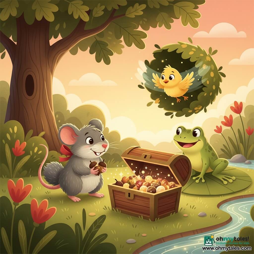 Mabel, a small gray mouse with fluffy fur and bright eyes, smiles holding a handful of shiny acorns, her bushy tail tied with a red ribbon; Freddie, a green frog with a lemon belly, grins mischievously on a lily pad beside her; a yellow fluffy-winged chick flies above a parted bush looking grateful; a slightly open varnished wooden chest on the ground contains shiny nuts, seeds and sparkling candies; the magical garden setting beneath a large oak with soft grass, red-orange flowers and a glittering stream at sunset — the little adventurers celebrate and share treats in a warm, soft-colored scene with rounded shapes.