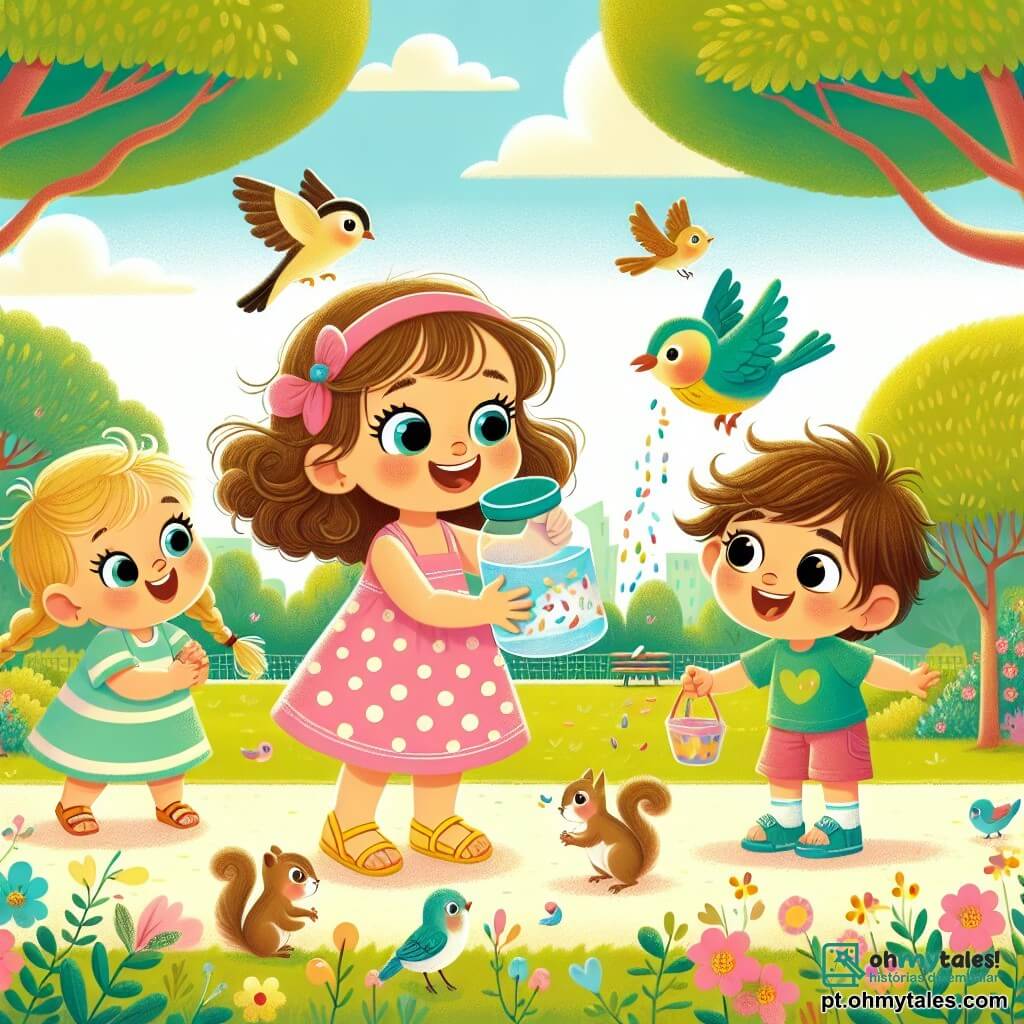 Uma menina de 2 anos, Lila, com grandes olhos brilhantes e cabelos cacheados, sorri alegremente segurando um jarro de água colorida. Ela usa um vestido rosa com bolinhas e sandálias amarelas, em pé no centro de um parque ensolarado. Ao lado dela, seu amigo João, um garoto de 3 anos com cabelos castanhos bagunçados e uma camiseta verde, joga sementes para os pássaros enquanto ri. Maria, outra amiga de 2 anos, com cabelos loiros trançados e um vestido azul, segura uma pequena bolsa cheia de sementes e observa os animais com admiração. O parque está cheio de verdura, com grandes árvores de folhas brilhantes, flores coloridas e um céu azul claro com nuvens brancas. No chão, podem-se ver pequenos pássaros e esquilos se aproximando curiosamente das crianças. A cena mostra Lila e seus amigos alimentando os pássaros e esquilos, todos sorridentes e felizes, compartilhando um momento de alegria e amizade no coração da natureza.