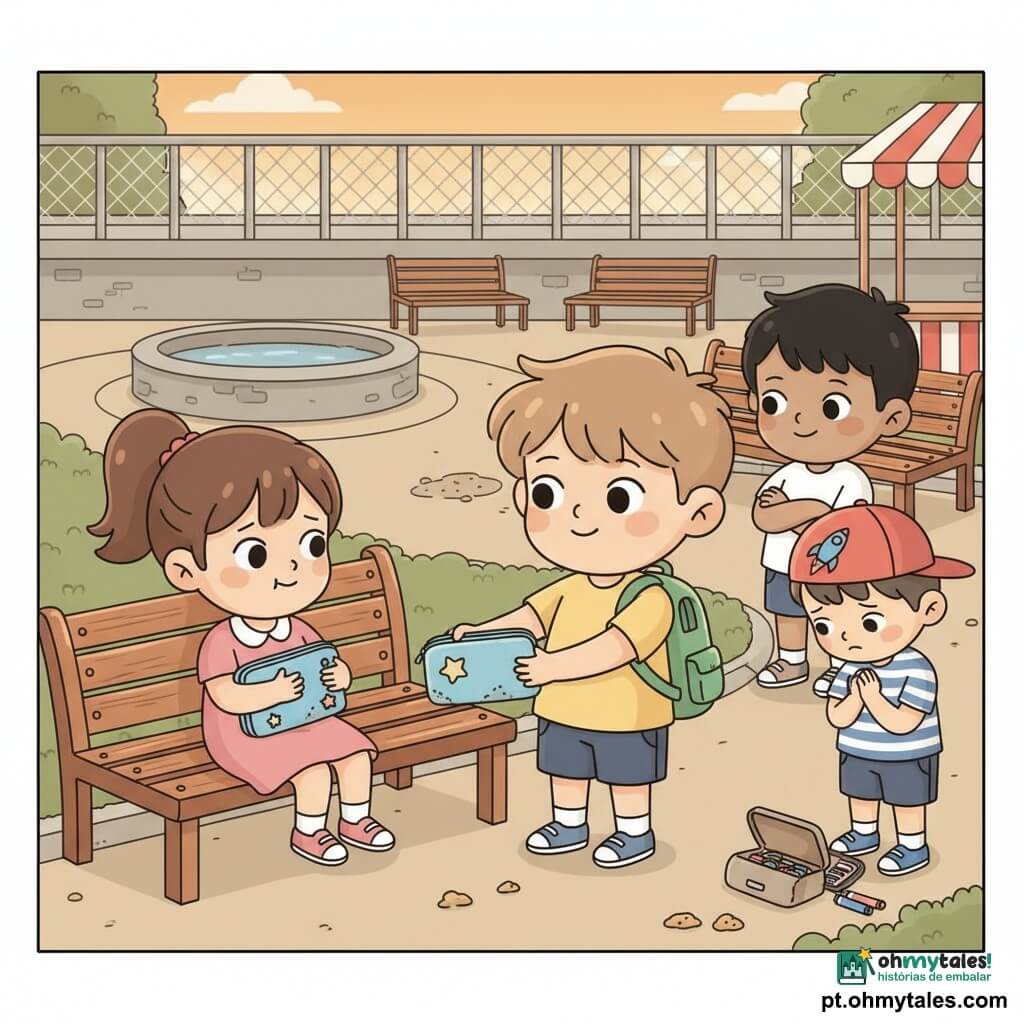 Um menino de 12 anos, rosto redondo, cabelo castanho despenteado, olhos grandes e expressão aliviada, oferece um estojo azul meio sujo a uma menina sentada; veste uma camiseta amarela e mochila verde num ombro. A menina, Sofia, ~11 anos, cabelo castanho em rabo de cavalo, vestido rosa, sentada num banco de madeira à esquerda, segura o estojo junto ao peito, aliviada mas um pouco emburrada. Um menino mais novo, Miguel, ~9 anos, boné vermelho com foguete, camiseta listrada, postura envergonhada com cabeça baixa e mãos juntas, está à direita perto de uma sacolinha aberta com marcadores. Um amigo, Duarte, ~12 anos, cabelo preto curto, sorriso maroto, está atrás do banco de braços cruzados observando. Cena numa pátio escolar ao crepúsculo com bancos de madeira, fonte ao fundo, passarela metálica cinza, quiosque listrado vermelho e caminho de pedras; atmosfera calma e calorosa, luz dourada, cores pastel vivas, estilo kawaii minimalista com linhas limpas, formas arredondadas e pequenos detalhes gráficos.