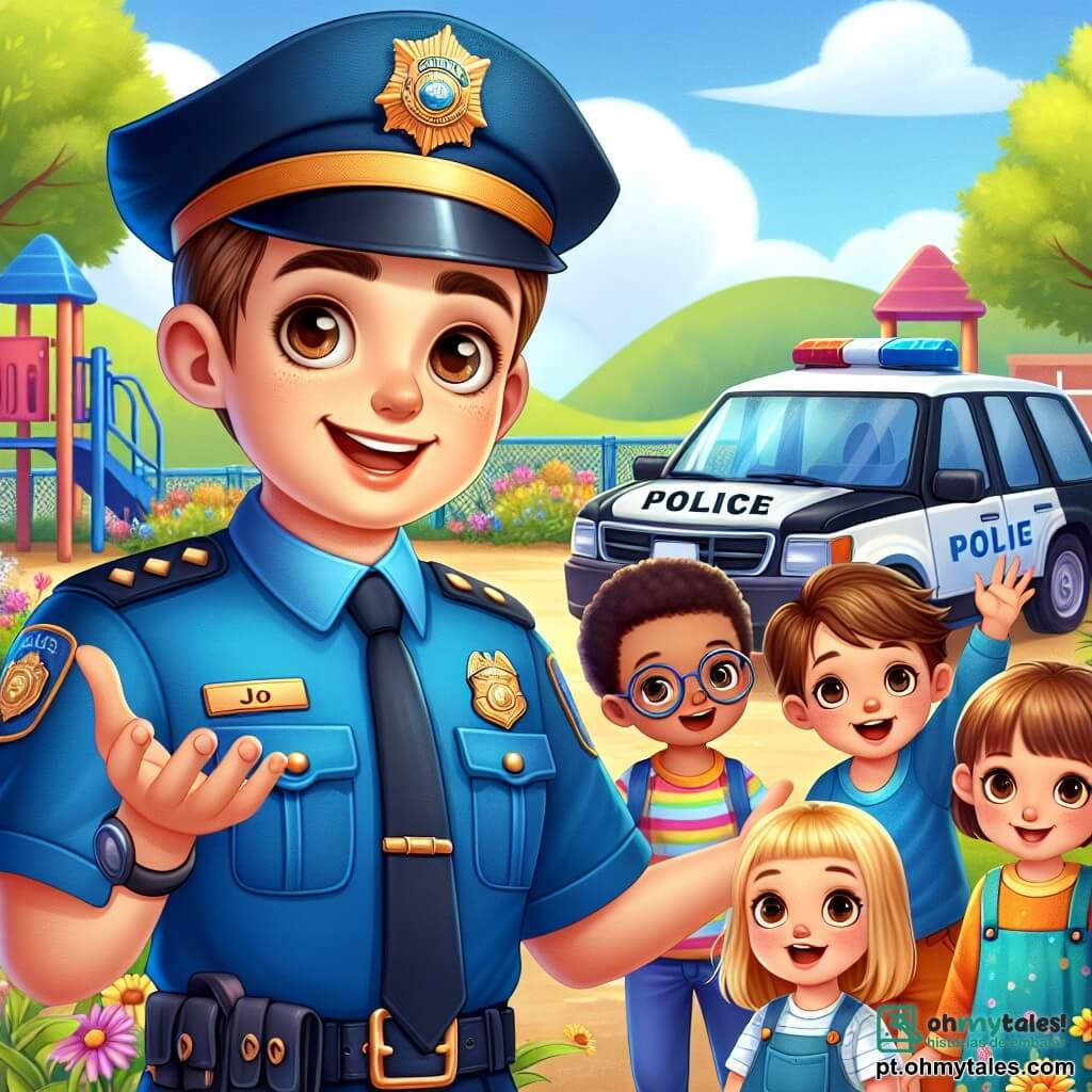 Um jovem policial chamado João, sorridente e cheio de energia, veste um uniforme azul vibrante com um boné. Ele tem cabelos castanhos e olhos brilhantes de alegria. João está de pé, com os braços abertos, cercado por crianças, demonstrando seu entusiasmo pelas regras de segurança. Entre as crianças, há uma menina de 8 anos, com cabelos loiros e óculos, que o ouve atentamente, com os olhos arregalados. Ao lado dela, um menino de 7 anos, com cabelos castanhos e roupas coloridas, levanta a mão para fazer uma pergunta, exibindo um grande sorriso. A cena acontece em um parque ensolarado, com árvores verdes e flores coloridas ao redor. Brinquedos como um balanço e um escorregador são visíveis ao fundo, adicionando uma atmosfera alegre e lúdica. A situação principal mostra João explicando às crianças a importância das regras de segurança enquanto lhes mostra seu veículo policial, que brilha sob o sol. As crianças estão cativadas e engajadas, criando uma atmosfera de aprendizado e camaradagem.