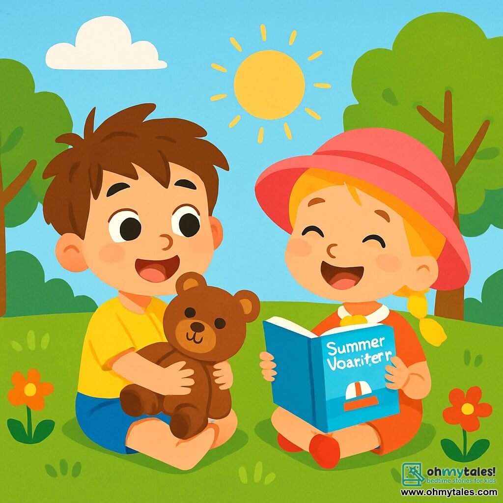 A 4-year-old boy, Oliver, with messy brown hair and big sparkling eyes, joyfully smiles while holding his teddy bear, Bear-Bear, in his arms. He wears a bright yellow t-shirt and blue shorts, sitting on the green grass of the park. Next to him is his best friend Mia, a 4-year-old girl with braided blonde hair and a pink hat, laughing while holding a colorful book about summer holidays. They are surrounded by vibrant flowers and leafy trees, under a blue sky dotted with a few white, boat-shaped clouds. In this scene, Oliver and Mia share a moment of happiness, discovering the wonders of summer together, with radiant smiles and a joyful atmosphere.
