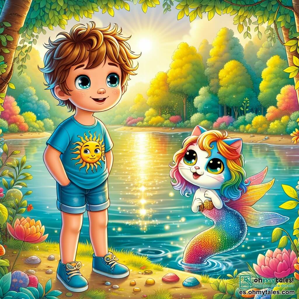 Un niño de 7 años, llamado Pablo, con cabello castaño desordenado y ojos llenos de curiosidad, está al borde de un lago brillante. Lleva una camiseta azul con un dibujo de sol y un short de mezclilla, y su rostro expresa asombro mientras observa su reflejo en el agua. A su lado, un gato multicolor, llamado Gato Sabio, con grandes ojos amarillos y pelaje cambiante, flota graciosamente, sonriendo con sabiduría. En el fondo, una sirena de cabello ondulado y brillante, vestida con un vestido de escamas relucientes, nada en el lago, mirando a Pablo con benevolencia. El lugar es un hermoso lago rodeado de grandes árboles con hojas vibrantes, donde la luz del sol filtra a través de las ramas, creando reflejos dorados en el agua. Flores coloridas bordean la orilla, añadiendo un toque de magia al entorno. La situación principal muestra a Pablo, asombrado, haciendo una pregunta a la sirena, mientras Gato Sabio lo anima a explorar sus sueños y a comprender la realidad que lo rodea.