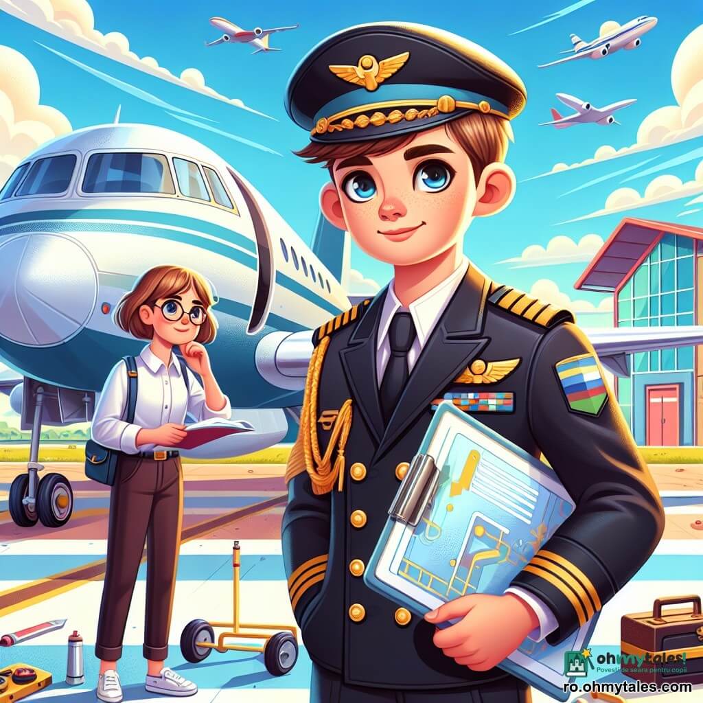 Un tânăr, Andrei, zâmbitor și încrezător, poartă o uniformă de pilot bleumarin cu epauleți aurii. Părul său brun este aranjat cu grijă, iar ochii îi strălucesc de emoție în timp ce stă lângă un avion mic alb cu aripi strălucitoare, pregătit de decolare. Lângă el, doña Mara, o femeie de aproximativ patruzeci de ani, cu păr castaniu și ochelari rotunzi, îl observă cu mândrie. Ea poartă o cămașă albă și un veston negru, ținând un plan de zbor în mâini, gata să-l ajute. Decorul este un aeroport animat, cu o pistă de beton, hangare colorate în fundal și un cer albastru deschis cu nori pufoși albi. Scena îi arată pe Andrei și doña Mara verificând instrumentele avionului înainte de decolare, cu unelte împrăștiate în jurul lor, în timp ce copii uimiți îi privesc de la gard, nerăbdători să vadă avionul decolând.