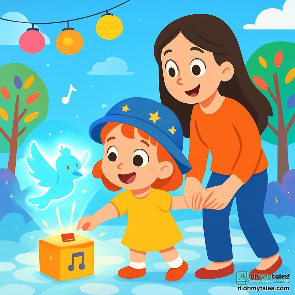 Una bambina di 4 anni, di nome Stella, con grandi occhi curiosi e un sorriso splendente, indossa un bel cappello blu decorato con piccole stelle. È meravigliata, con le braccia aperte, davanti a una piccola scatola luminosa che emette dolce musica. Accanto a lei, sua madre, una donna sorridente di circa 30 anni con lunghi capelli castani, osserva con tenerezza, tenendo la mano di Stella in un gesto protettivo. Il contesto è un viale di nuvole, dove i ciottoli brillano come zucchero filato sotto un cielo blu intenso. Alberi cantanti con foglie multicolori danzano dolcemente al ritmo della musica ambientale, e lanterne fluttuanti illuminano l'atmosfera con colori vivaci. La scena principale mostra Stella che preme il pulsante rosso della scatola, mentre un uccello olografico azzurro, Lumo, appare in un lampo di luce, pronto a portarli in un'avventura magica.