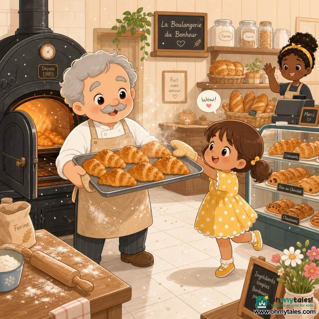 A warm, smiling baker with a round face and light gray hair holds a large tray of golden croissants just from the oven while seven-year-old Lily, hair in pigtails and wearing a yellow polka-dot dress, stands on tiptoe to reach one; the open cast-iron oven glows orange with flour dust and crumbs in the air, in a cozy bakery with light wooden walls, shelves of bread, a glass display, tiled floor and a wooden table.