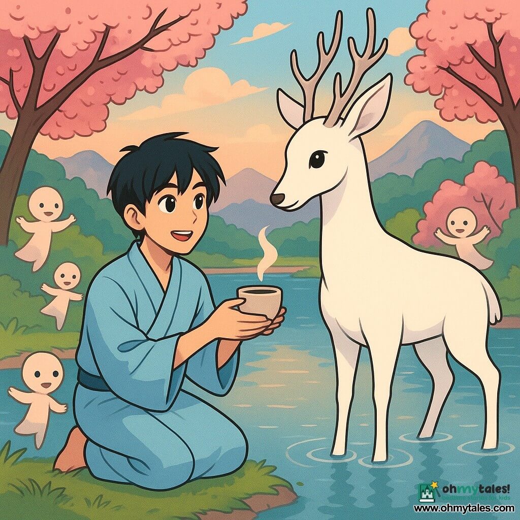 Haru, a young man with black hair and bright eyes, kneels by a mirror-like lake, his face illuminated by the soft light of dawn. He wears a simple light blue cotton kimono, and his expression is both amazed and serene, as if in communion with nature. Beside him stands a majestic white doe, her coat shining like the moon, with deep eyes reflecting ancient wisdom. Behind them, a group of small forest spirits resembling children watches curiously, their round smiling faces lit by the magic of the moment. The scene is set in an enchanting valley surrounded by tall flowering trees with pink petals, and distant mountains silhouetted against a pastel sky. The main focus shows Haru offering a cup of tea to the doe, a gesture of gratitude and connection, while the spirits dance around them, creating an atmosphere of joy and serenity.