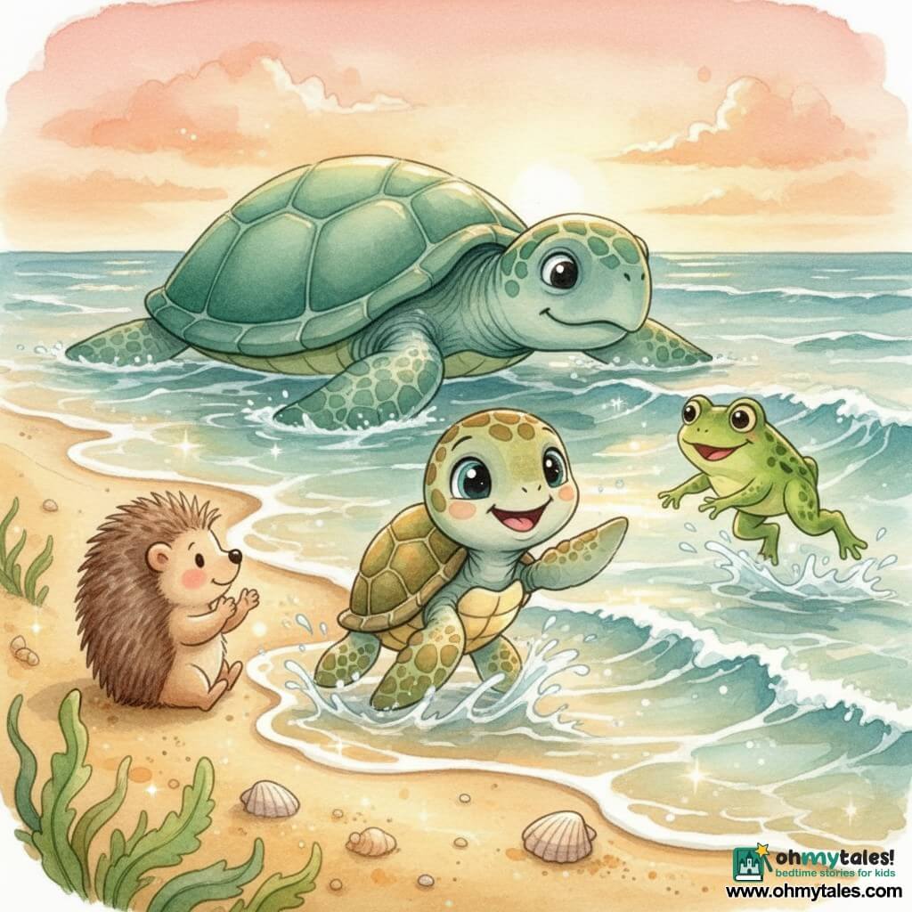 A small joyful turtle with a bright smile and shiny round eyes, a slightly bumpy green-and-ochre shell, paddling at the water’s edge and “dancing” with gentle fin beats; the Great Sea Turtle appears in the background, very large with a smooth emerald-sheen shell and kind gaze, floating peacefully near shore; Hazel the hedgehog sits on the sand to the left, small with soft brown quills, clapping; Freddy the frog is in a shallow wave to the right, bright green with bulging smiling eyes, happily leaping toward the turtle; sunset ocean scene on wet golden sand with translucent sparkling waves, orange-pink sky, scattered seaweed and shells — the small turtle discovers the sea and dances with the waves, surrounded by encouraging friends in a warm, wonder-filled atmosphere.