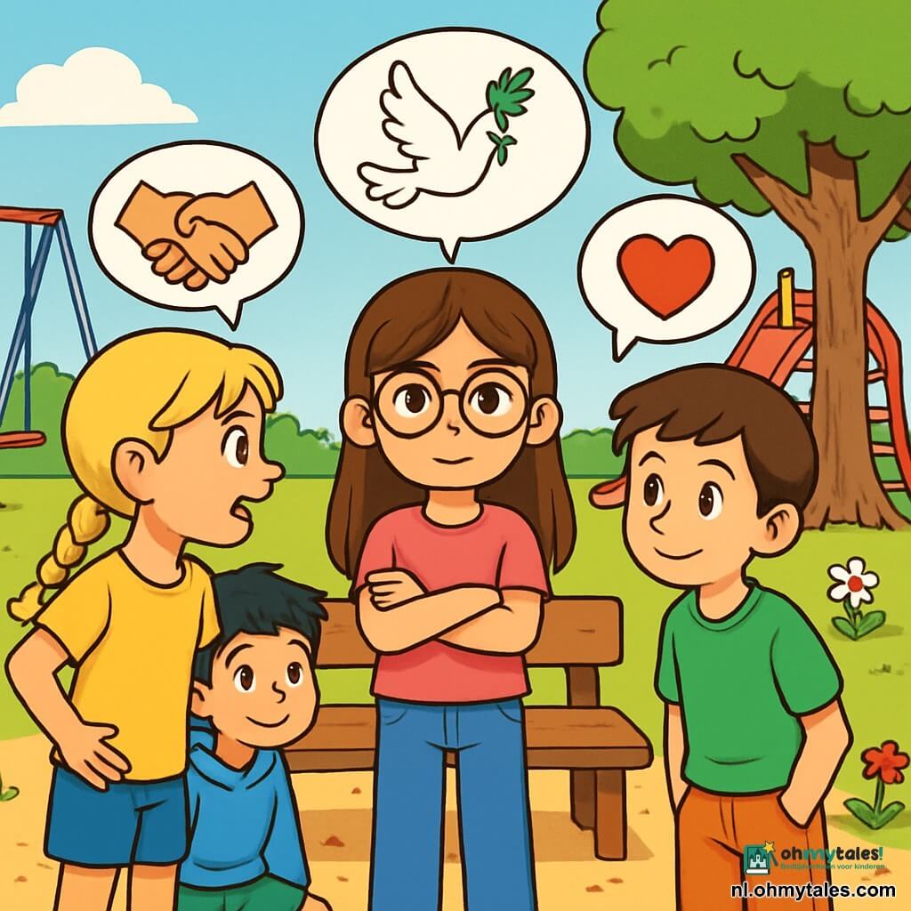 Er zijn 4 kinderen: Emma, een 10-jarig meisje met lange bruine haren en ronde bril, in een roze t-shirt en jeans, staat in het midden met gekruiste armen en een vastberaden blik. Amir, een 10-jarige jongen met zwarte haren en sprankelende ogen, draagt een blauwe sweater en groene korte broek, staat iets naar achteren en kijkt zijn vrienden aan met een bemoedigende glimlach. Lotte, een 10-jarig meisje met gevlochten blonde haren en een geel t-shirt, staat links van Emma met haar handen op haar heupen, klaar om te praten. Samir, een 10-jarige jongen met bruin haar en een verlegen glimlach, staat rechts van Emma met zijn handen in de zakken van zijn broek, een beetje aarzelend. De scène speelt zich af op een groot speelterrein met een grote boom op de achtergrond, kleurrijke schommels en een rode glijbaan. De grond is bedekt met fijn zand en er groeien wilde bloemen omheen, wat kleur toevoegt. De lucht is blauw met enkele pluizige witte wolken. De kinderen zijn serieus in gesprek rond een bank, terwijl ze proberen een conflict op te lossen. Ze lijken aandachtig naar elkaar te luisteren, met denkballonnen die hun gedachten over vrede en vriendschap illustreren.
