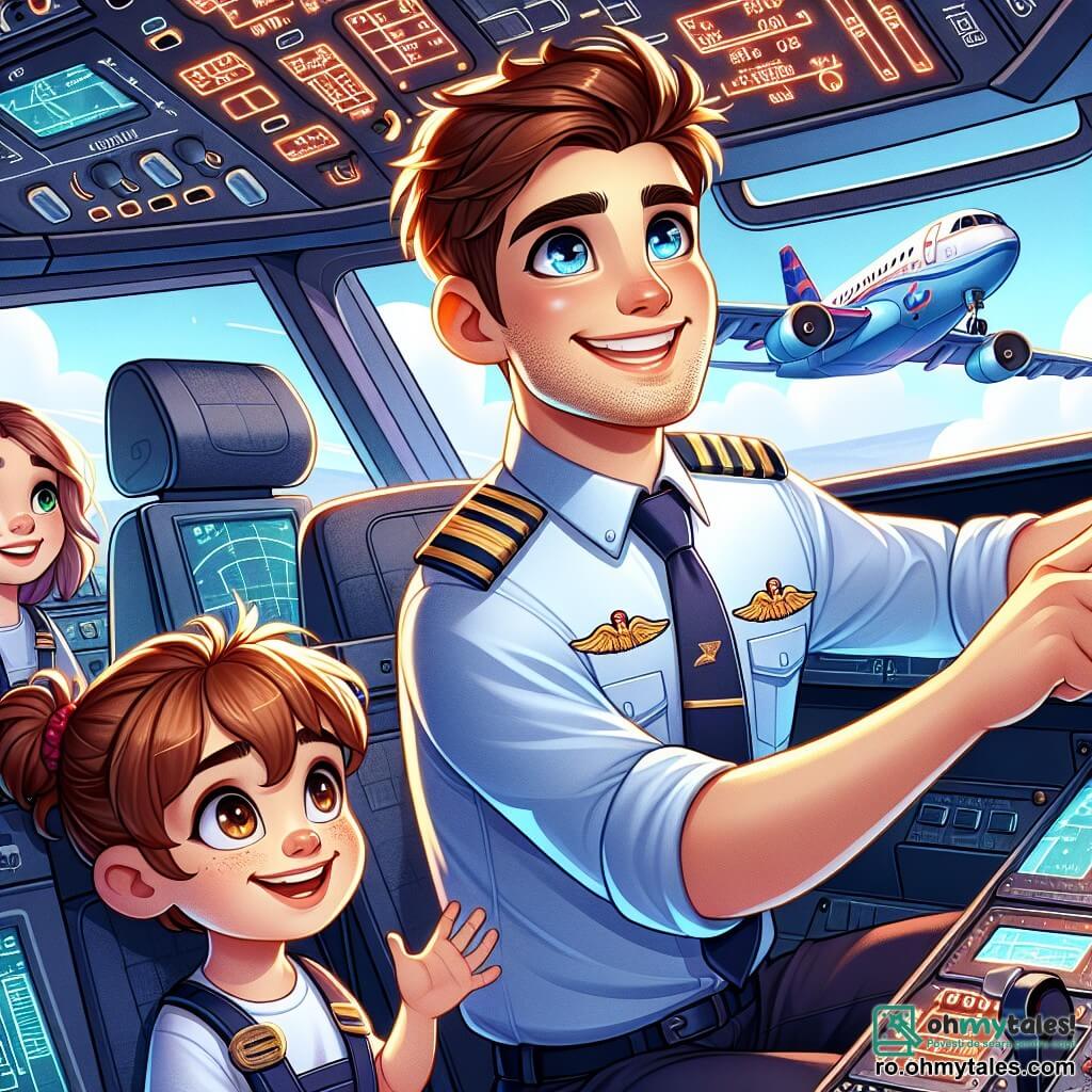 Personajul principal, un bărbat pe nume Andrei, este un pilot zâmbitor cu părul brun și ochi strălucitori de bucurie. El poartă o uniformă de pilot albastră cu epauleți aurii și se află mândru în cockpitul avionului, cu mâinile pe comenzile de zbor, pregătit pentru decolare. Lângă el, copilotul său Ioana, o femeie de aproximativ 30 de ani cu părul blond prins în coc, este concentrată pe instrumentele de zbor. Ea poartă, de asemenea, o uniformă de pilot și privește cu hotărâre ecranul de control. În fundal, un băiețel pe nume Mihai, de aproximativ 8 ani, stă la o fereastră a avionului, cu ochii mari de uimire. Are părul castaniu și poartă un tricou roșu, ținând în mâini o jucărie mică de avion. Scena se desfășoară în interiorul unui cockpit modern, cu panouri de control luminoase, ecrane care afișează date de zbor și o priveliște spectaculoasă prin parbriz, unde se pot observa nori albi și un cer albastru strălucitor. Situația principală arată cum Andrei și Ioana pregătesc avionul pentru decolare, în timp ce Mihai, entuziasmat, admiră peisajul aerian din fața lui, pregătit să trăiască o aventură de neuitat în ceruri.