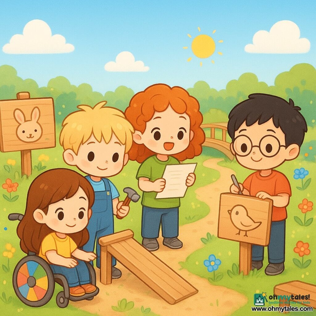 There are 4 children: Maya, a 7-year-old girl, is sitting in a wheelchair with colorful wheels. She has long brown hair and a warm smile. She is on the left of the image, near a wooden sign. Theo, a 7-year-old boy, stands next to Maya. He has messy blond hair and wears blue overalls. He holds a small toy hammer. Sam, a 7-year-old boy, is on the right of the image, holding a sketchbook. He has round glasses and short black hair. Lina, a 7-year-old girl, is in the center with curly red hair and a green t-shirt. She holds a poem written on a sheet. The setting is a sunny school garden with colorful flowers, a small wooden bridge, and signs with animal drawings. There is a soft dirt path and wooden benches. The main scene shows the children working together on their nature trail project. Maya tests the slope of a wooden ramp with her wheelchair, while Theo adjusts a board. Sam draws a bird on a sign, and Lina recites a poem with a smile. The atmosphere is joyful and collaborative, with bright colors and cute details.