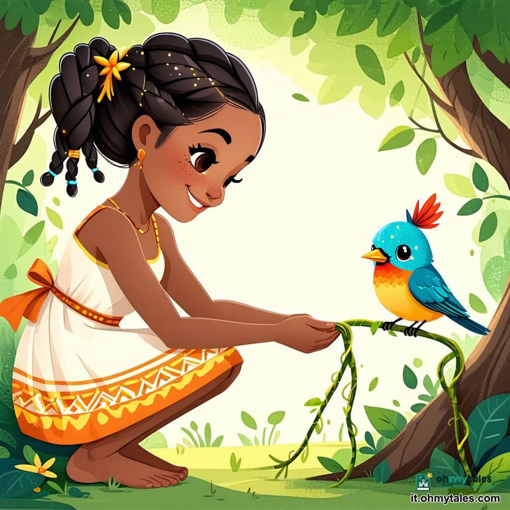 Una giovane donna, Amina, sorridente e dolce, pelle cacao, capelli neri intrecciati, inginocchiata mentre libera con delicatezza una piccola liana dalla zampa di un uccellino; l'uccello Kofi, colorato di azzurro, verde e rosso e grande come una mano, si posa vicino alla sua spalla; sullo sfondo un villaggio africano con capanne di paglia, campi verdi e un sentiero verso un fiume; atmosfera serena e gioiosa al tramonto, colori vivaci e forme semplici adatte ai bambini.