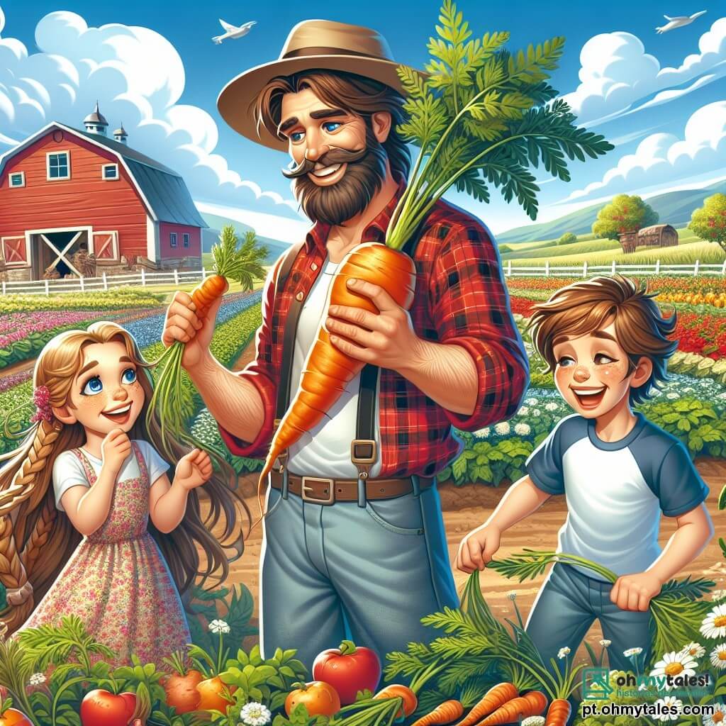No centro da imagem, um homem chamado Tiago, um agricultor sorridente de cerca de 40 anos, com cabelos castanhos e uma barba bem cuidada, veste uma camisa xadrez vermelha e uma calça de lona. Ele está mostrando orgulhosamente uma grande cenoura laranja que acabou de colher, seus olhos brilhando de alegria e entusiasmo. Ao seu lado, uma menina chamada Sofia, de 8 anos, com longos cabelos loiros trançados e um vestido florido, observa a cenoura com admiração, suas bochechas rosadas de excitação. Um menino chamado Lucas, de 9 anos, com cabelos castanhos bagunçados e uma camiseta azul, está puxando outra cenoura do solo, rindo de felicidade. O cenário é uma fazenda em plena floração, com fileiras de vegetais coloridos, árvores frutíferas carregadas de maçãs e um céu azul claro salpicado de nuvens brancas e fofas. Ao longe, vê-se um celeiro vermelho tradicional e flores silvestres dançando ao vento. A situação principal mostra Tiago e as crianças colhendo legumes, compartilhando risadas e sorrisos, ilustrando a alegria de trabalhar juntos na fazenda e aprender sobre a natureza.