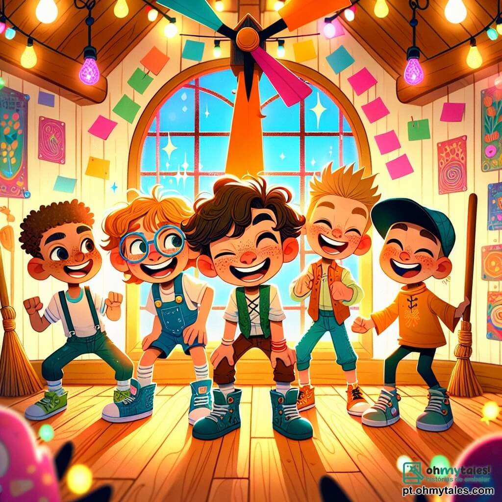 Em uma sala iluminada e colorida de um moinho mágico, quatro amigos estão no centro do palco. Léo, um garoto de 10 anos com cabelos castanhos bagunçados e óculos redondos, ri levantando os braços, pronto para dançar. À sua esquerda, Ruan, um garoto de 9 anos com cabelos loiros e sardas, faz gestos cômicos com um grande sorriso. À direita, Tomás, um garoto de 10 anos com cabelos negros e olhos brilhantes, observa os outros com uma expressão divertida, pronto para imitá-los. Por fim, Pedro, um garoto de 9 anos com cabelos castanhos e um boné virado, se move de maneira engraçada, chamando a atenção de todos. O moinho é cheio de cores vibrantes, com paredes de madeira decoradas com post-its coloridos e luzes brilhantes que dançam ao ritmo da música. Objetos animados, como talheres dançantes e vassouras, se movem ao redor, trazendo um toque de magia e absurdo à cena. Os quatro amigos participam de uma competição de dança hilária com objetos animados, tentando fazer rir o Garfo Dançarino, um talher que os incentiva a se mover de maneira engraçada. A atmosfera é cheia de risos e alegria, ilustrando o espírito de aventura e amizade que os une.