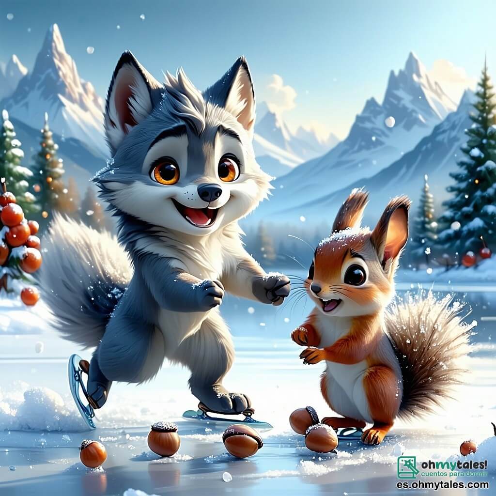 Un pequeño lobo llamado Luno, con un suave pelaje gris y ojos brillantes como canicas de ámbar, patina felizmente sobre un lago helado, con una gran sonrisa iluminando su rostro curioso. Cerca, su mejor amiga, Lia, una pequeña ardilla de pelaje rojizo, salta de alegría, con los ojos chispeantes de emoción, mientras construye una torre de bellotas sobre el hielo. El paisaje es un hermoso cuadro invernal, con majestuosos árboles cubiertos de nieve brillante, un cielo azul claro y copos de nieve cayendo suavemente. La escena captura el espíritu del invierno, donde Luno y Lia se divierten juntos, disfrutando de la magia de la temporada.