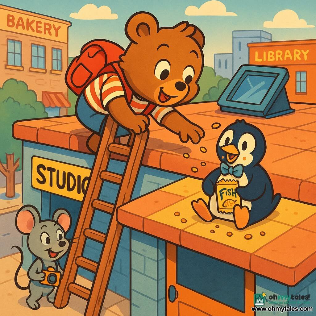 A small brown bear, the main character, with round eyes and ears, wearing a red backpack and striped shirt, looks curious and joyful as he perches on an old wooden ladder leaning toward the roof and reaches for crumbs; a small gray mouse with big ears and a yellow camera stands at the studio door, excitedly smiling and looking up, while a black-and-white penguin with a blue bow tie and crumbs around its beak sits on a sunny patch of the roof, surprised but happy and holding a fish-shaped cracker packet. The colorful flat-roofed studio scene — soft tiles, an open skylight, a visible yellow sign, and a distant city backdrop with a bakery and library under a soft blue late-afternoon sky — shows the playful discovery: the bear climbs to find a crunchy sound, the penguin is caught snacking, and the mouse encourages from below, with a warm atmosphere, bright colors, clean lines, and readable expressions.