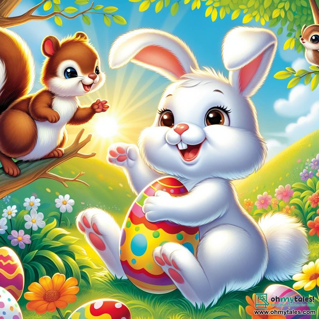 A small rabbit with big ears and soft white fur is sitting in a sunny meadow, displaying a joyful expression while holding a colorful Easter egg in its paws. Next to it, a brown squirrel with sparkling eyes climbs a branch, smiling and looking at the rabbit with enthusiasm. A brightly feathered bird perched on another branch chirps happily, adding to the festive atmosphere. The scene takes place in a green meadow dotted with colorful flowers, bathed in the golden sunlight, creating a warm and cheerful ambiance. The rabbit and its friends are celebrating the discovery of a hidden Easter egg behind a flower, surrounded by laughter and happiness.