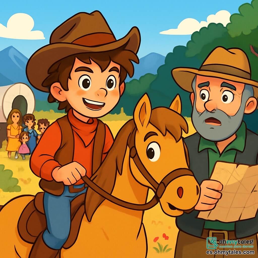 Un joven, Tomás, con cabello castaño despeinado y ojos brillantes, lleva un sombrero de vaquero desgastado y un chaleco de cuero. Su rostro expresa determinación y aventura mientras monta su caballo, Estrella, una yegua de pelaje dorado y ojos vivos. A su lado, un hombre adulto, el jefe de la caravana, con barba canosa y un sombrero ancho, mira a su alrededor con expresión de preocupación, sosteniendo un mapa en sus manos. Al fondo, un grupo de familias y niños se afanan, algunos mirando con ansiedad hacia el bosque. El lugar es una vasta pradera dorada, salpicada de flores silvestres y arbustos verdes, con majestuosas montañas al horizonte bajo un cielo azul brillante. La situación principal muestra a Tomás, decidido a recuperar el cofre de provisiones robado, preparándose para aventurarse hacia el misterioso bosque, mientras la caravana se reúne, preocupada por la amenaza que se cierne sobre ellos.
