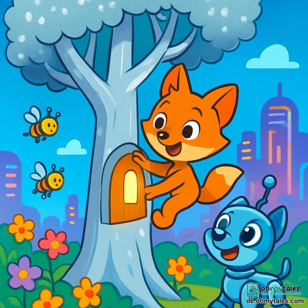 Fina, ein kleiner Fuchs mit leuchtend orangefarbenem Fell und neugierigen Augen, klettert begeistert auf die Äste eines großen silbernen Baumes, dem Glitzerbaum, der unter einem strahlend blauen Himmel funkelt. Sie lächelt breit, voller Staunen, als sie eine kleine leuchtende Tür im Stamm des Baumes entdeckt. Neben ihr steht Lupo, ein süßer Roboterhund in glänzenden Metallicfarben, mit leuchtenden Augen und einem fröhlichen Gesichtsausdruck, der Fina bewundernd ansieht, während sein antennenförmiger Schwanz vor Aufregung wackelt. Er steht direkt unter dem Baum, bereit, sie anzufeuern. Der Ort ist ein hängender Garten, gefüllt mit bunten Blumen und leuchtenden Blütenblättern, umgeben von Drohnen, die eine magische Note in die futuristische Umgebung von Glitzercity bringen. Hohe, runde und leuchtende Gebäude erheben sich im Hintergrund, beleuchtet von bunten Neonlichtern. Die Hauptsituation zeigt Fina, die die kleine Tür des Glitzerbaums öffnet und einen goldenen Lichtschein enthüllt, der ihr erstauntes Gesicht erleuchtet, während Lupo sie ungeduldig beobachtet, beide bereit, das Geheimnis im Inneren zu entdecken.