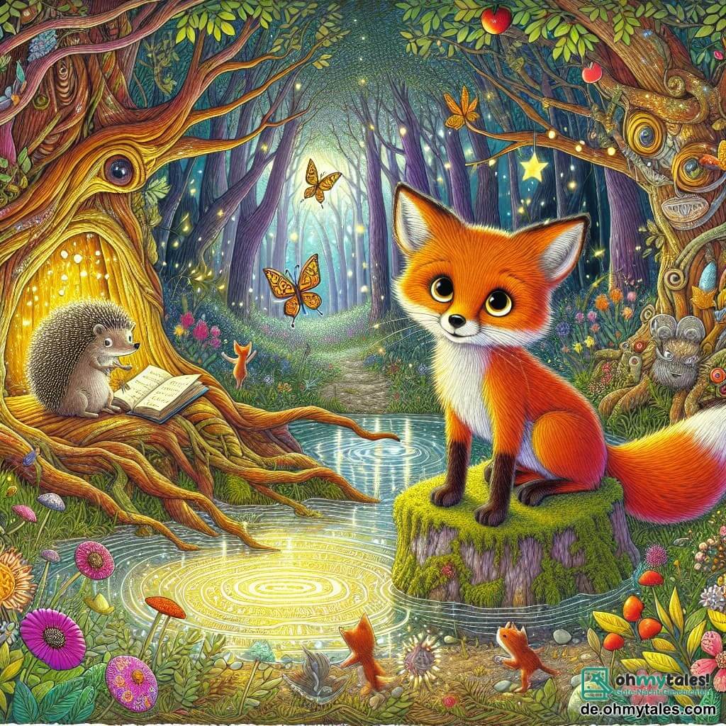 Ein kleiner, leuchtend orangefarbener Fuchs mit großen, neugierigen Augen und spitzen Ohren steht am Rand eines glitzernden Teiches und betrachtet fasziniert sein Spiegelbild im Wasser. Sein Gesichtsausdruck ist voller Staunen und Entschlossenheit, während er eine kleine Karte in seinen Vorderpfoten hält. In der Nähe beobachtet ein weiser, alter Igel mit silbernen Stacheln und funkelnden Augen den Fuchs mit einem wohlwollenden Lächeln. Er sitzt auf einem moosbedeckten Stein und hält ein altes Buch in seinen Pfoten, bereit, seine Geschichten zu teilen. Der Ort ist eine verzauberte Lichtung, umgeben von großen, knorrigen Bäumen und bunten Blumen, die im Wind tanzen. Die Sonne filtert durch die Blätter und erzeugt leuchtende Muster auf dem Boden. Die Hauptsituation zeigt den kleinen Fuchs, der eine geheimnisvolle Karte entdeckt, die verborgene Geschichten enthüllt, während der Igel ihn ermutigt, die Wunder des magischen Gartens zu erkunden.