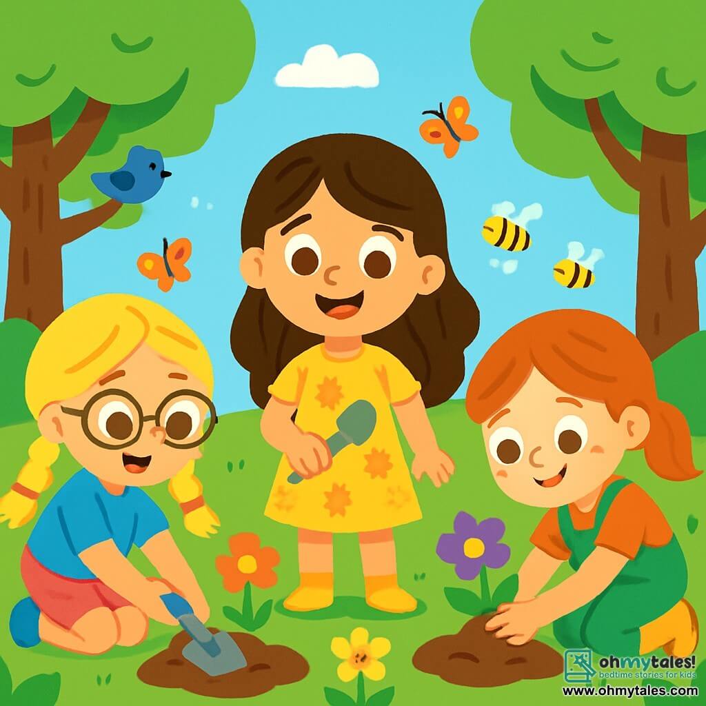 There are 3 characters: - Mia: a 7-year-old girl with long brown hair and sparkling eyes. She wears a yellow flower dress and holds a small shovel. She stands in the center, smiling and full of energy. - Zoe: a 6-year-old girl with braided blonde hair and round glasses. She wears a blue t-shirt and pink shorts. She is to Mia's left, enthusiastically digging in the ground. - Lily: a 7-year-old girl with red hair and freckles. She wears green overalls and rubber boots. She is to Mia's right, carefully planting a small flower. The main setting is a lush park filled with majestic trees, colorful flowers, and a bright blue sky. Butterflies dance around the flowers, and birds sing in the branches. The ground is soft and damp, perfect for planting flowers. The main scene shows the three joyful girls planting flowers together, with radiant smiles on their faces. Bees and butterflies fly around them, attracted by the beautiful flowers they are planting.