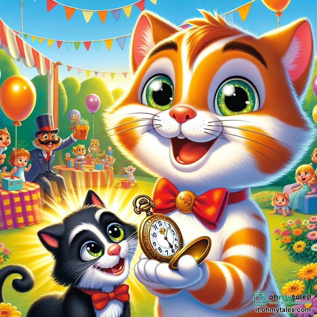 Un piccolo gattino di nome Leo, con un pelo morbido e striato di colori arancione e bianco, è in piedi sulle zampe posteriori, con gli occhi brillanti di eccitazione e un grande sorriso sul viso. Tiene un antico orologio da taschino dorato tra le piccole zampe anteriori, pronto a regalarlo al suo papà. Accanto a lui, il signor Gatto, un gatto adulto con pelo nero e occhi verdi scintillanti, guarda Leo con orgoglio e amore, un sorriso caloroso illumina il suo volto. La scena si svolge in un parco soleggiato, pieno di fiori colorati e palloncini fluttuanti, con famiglie felici che si riuniscono attorno a tavoli decorati. Leo, con il suo orologio da taschino, sta per fare un gesto affettuoso per la festa del papà, creando un momento magico e commovente di condivisione e amore familiare.