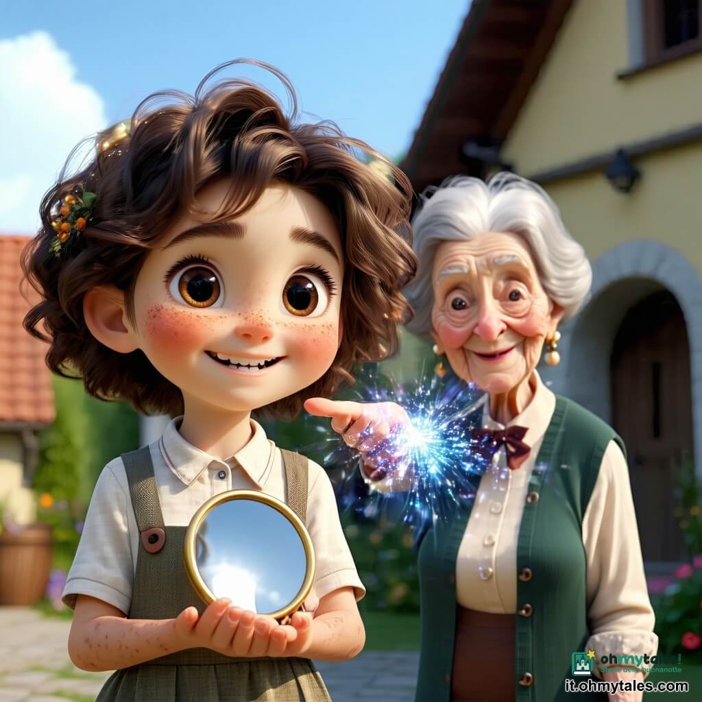 Ragazza di 8 anni, Matilde, viso rotondo con lentiggini e capelli castani ricci, sorridente e orgogliosa, tiene un piccolo riflettore argentato e blu scintillante; ragazzo di circa 8 anni, Leo, capelli biondi spettinati e giacca verde, sorride e indica il riflettore stando leggermente dietro a destra; Nonna Giulia, circa 70 anni, capelli grigi raccolti e vestito a fiori, osserva sorridendo vicino a un tavolo da cucito; luogo: giardino della scuola in una città futuristica con canali, passerelle di pietra, case galleggianti colorate, facciate con schermi flessibili, alberi con lanterne olografiche e fiori dorati; situazione: i bambini posano sotto un grande albero dai fiori dorati, riflettori che brillano in luce argentea, luce dolce del tardo pomeriggio, atmosfera di condivisione e orgoglio.